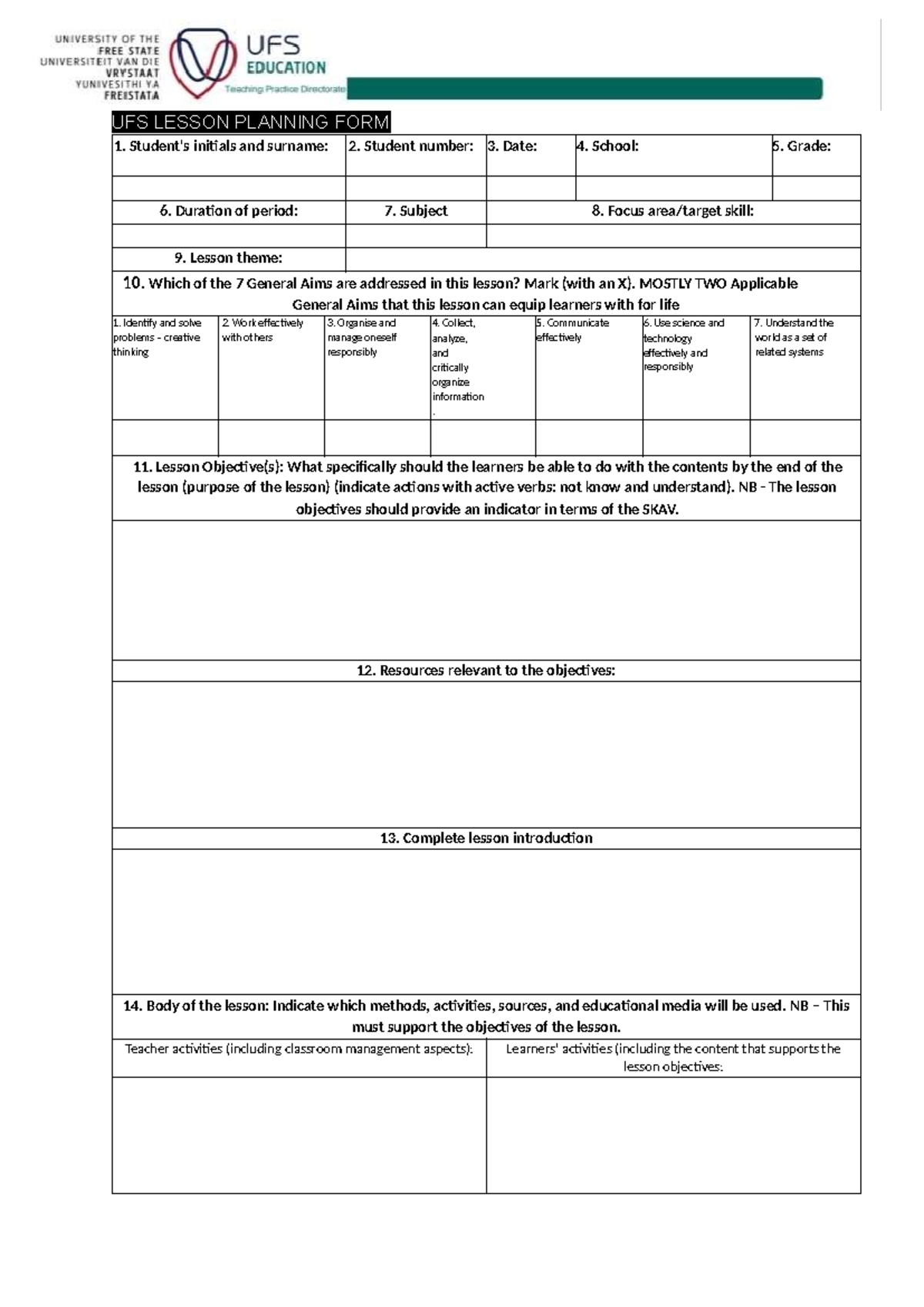 UFS Lesson Planning Form: Structuring Effective Lessons - Studocu