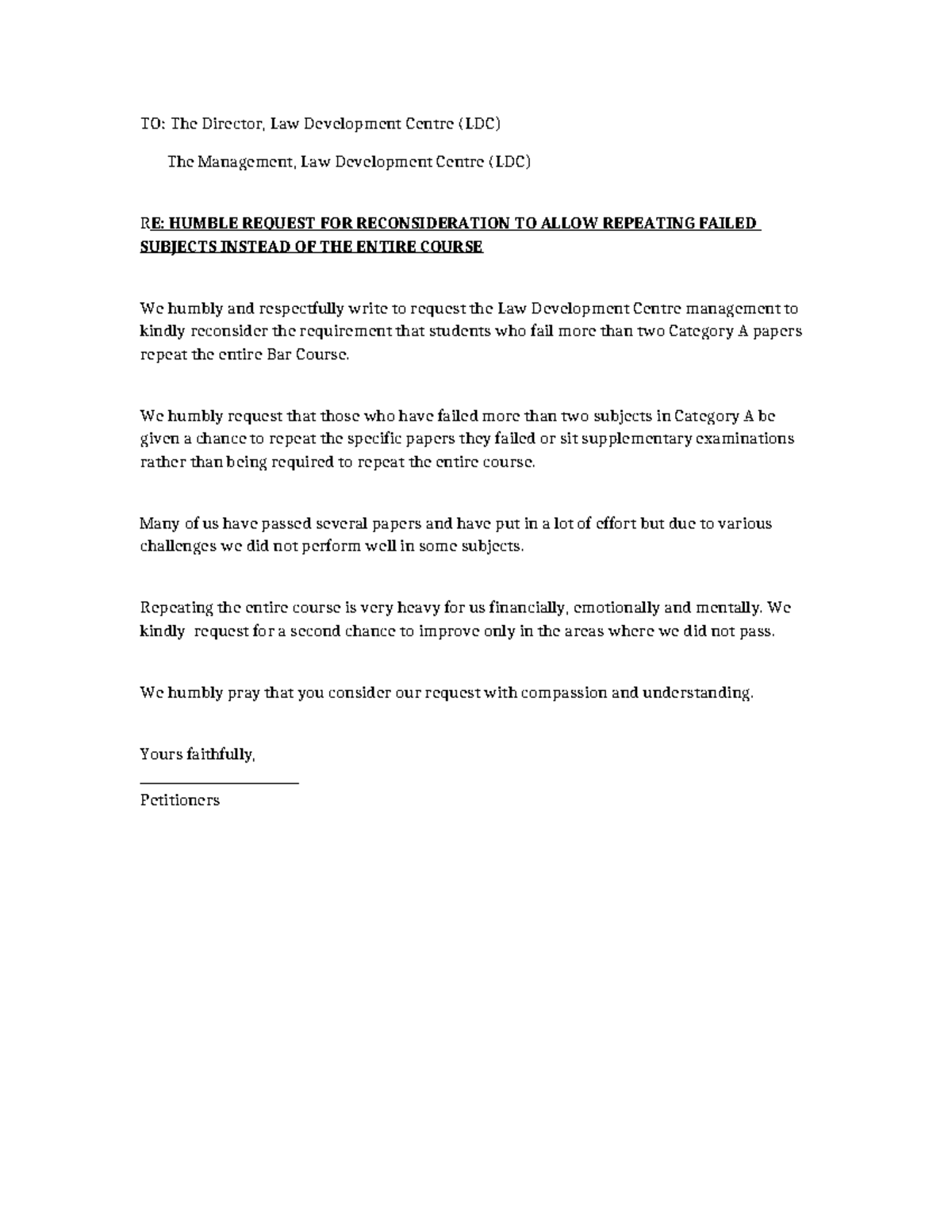 LDC Petition Letter: Request to Reconsider Course Repetition Policy ...