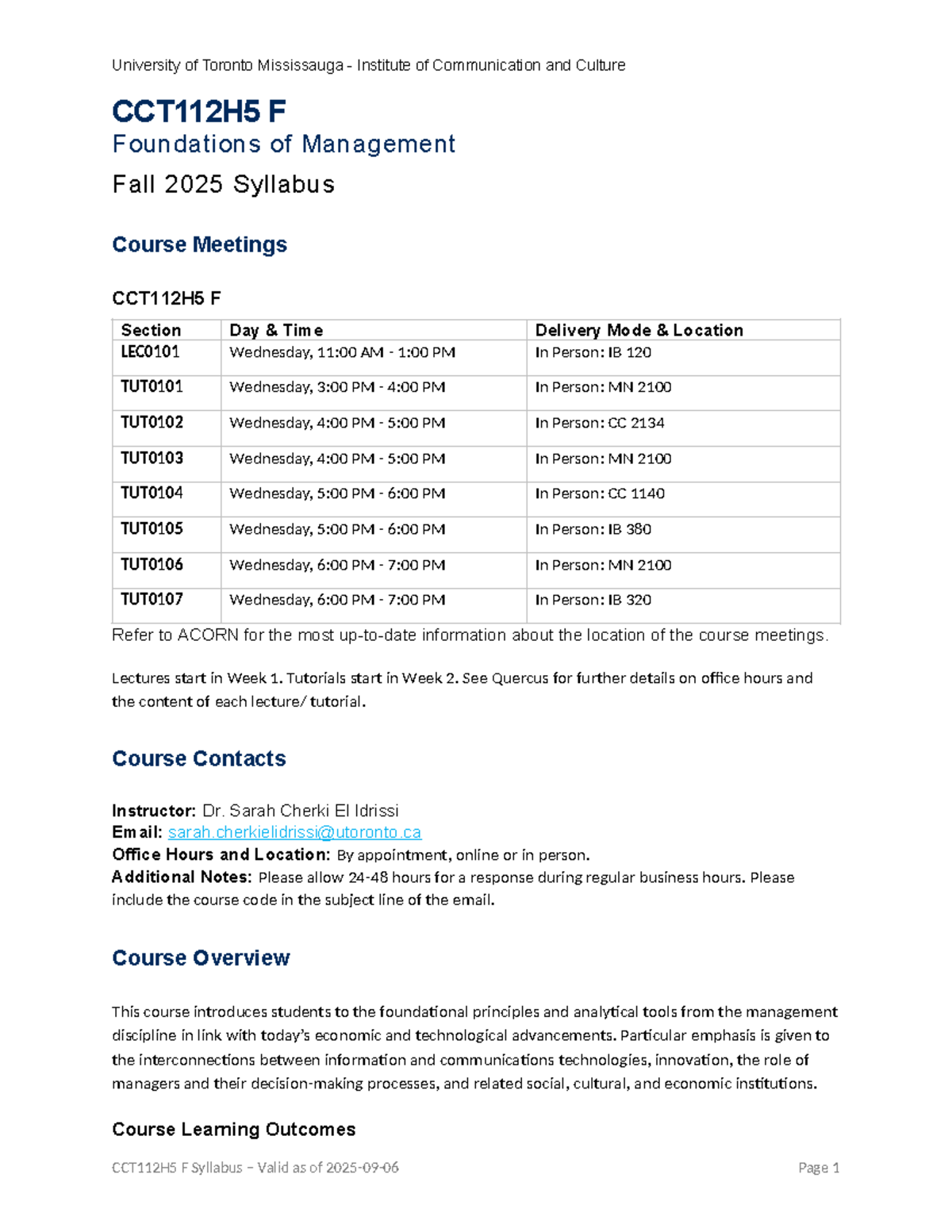 CCT112H5 F - Foundations of Management Fall 2025 Course Syllabus - Studocu
