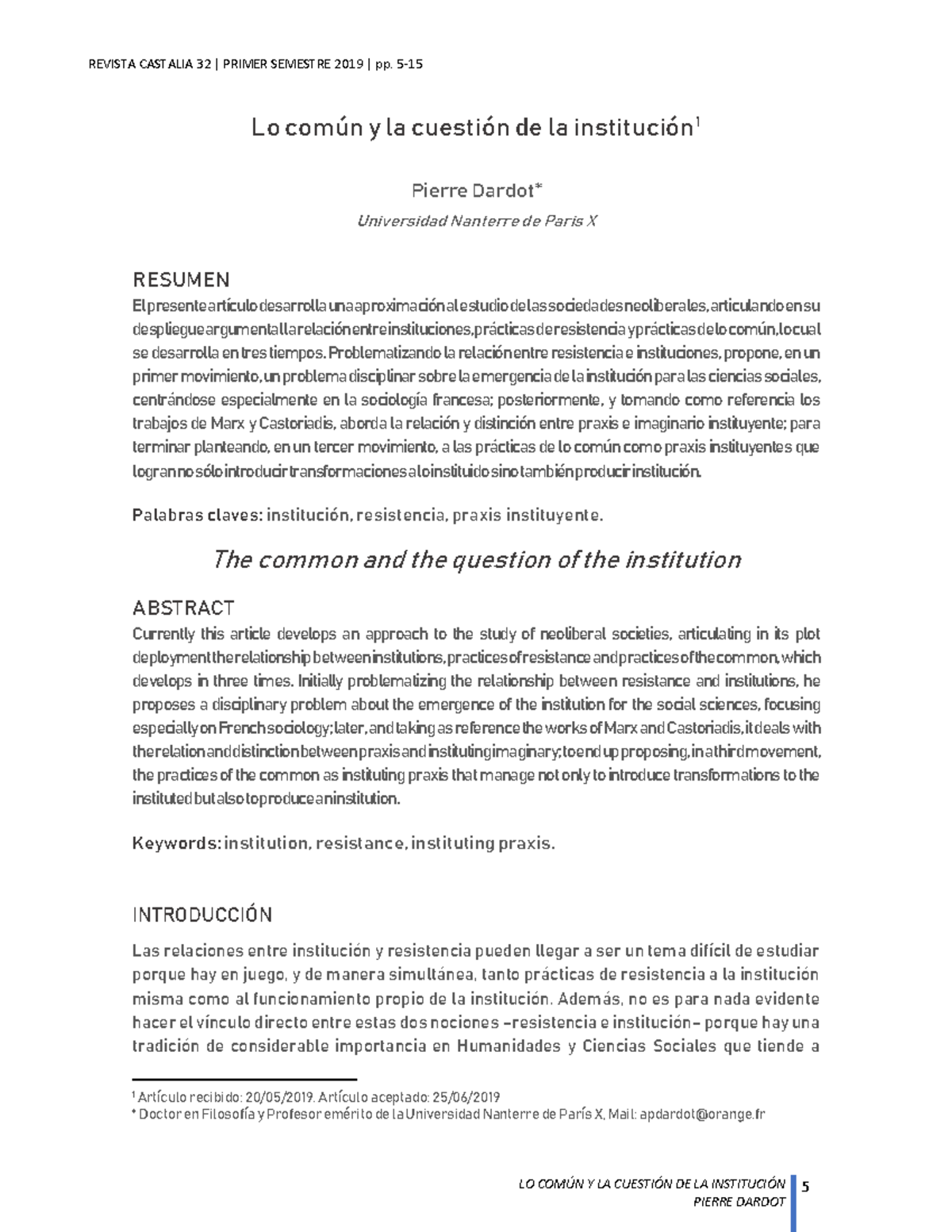 Lo Común y la Cuestión de la Institución - REVISTA CASTALIA 32 - Studocu