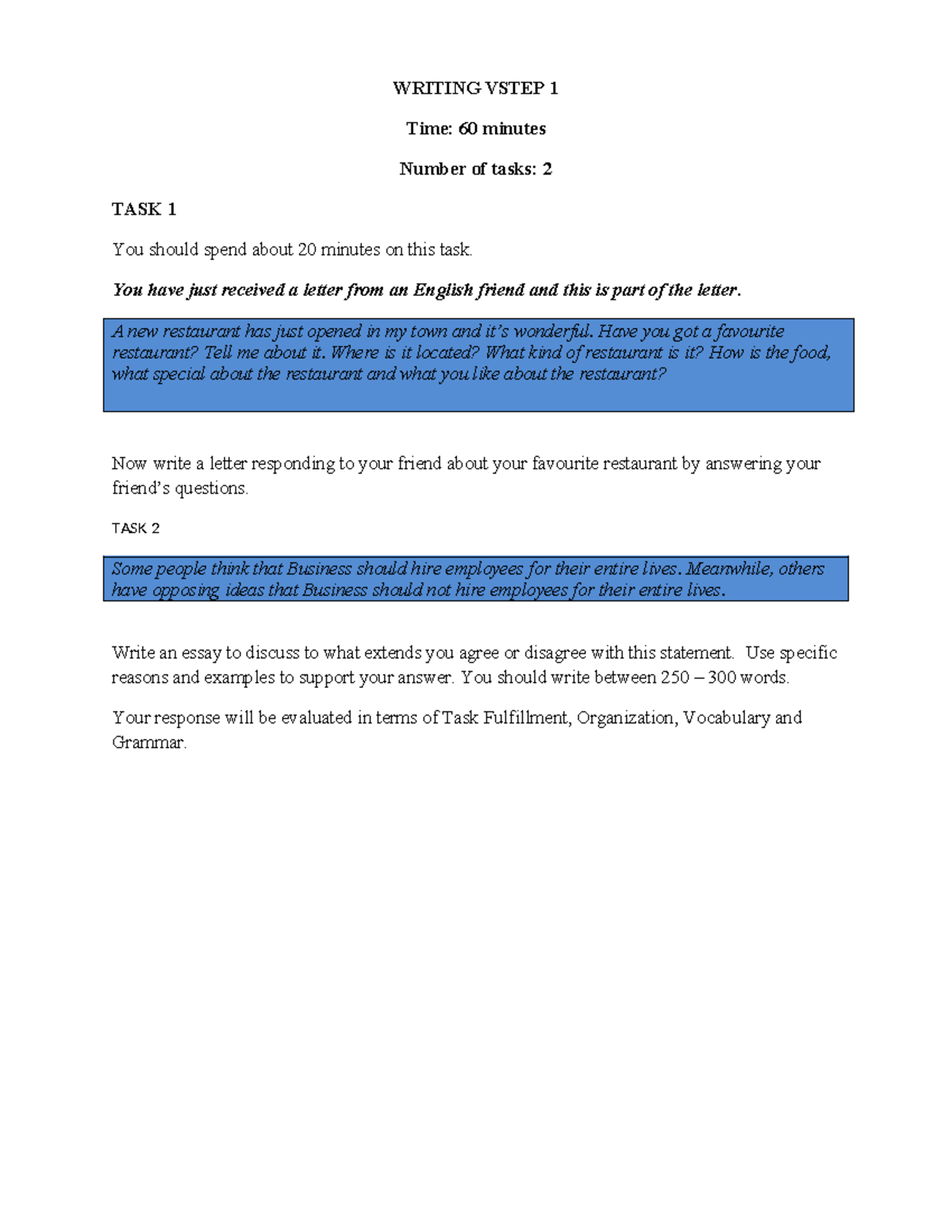 Entry Writing Test - Luyện Tập: Tasks and Essay Guidelines - Studocu