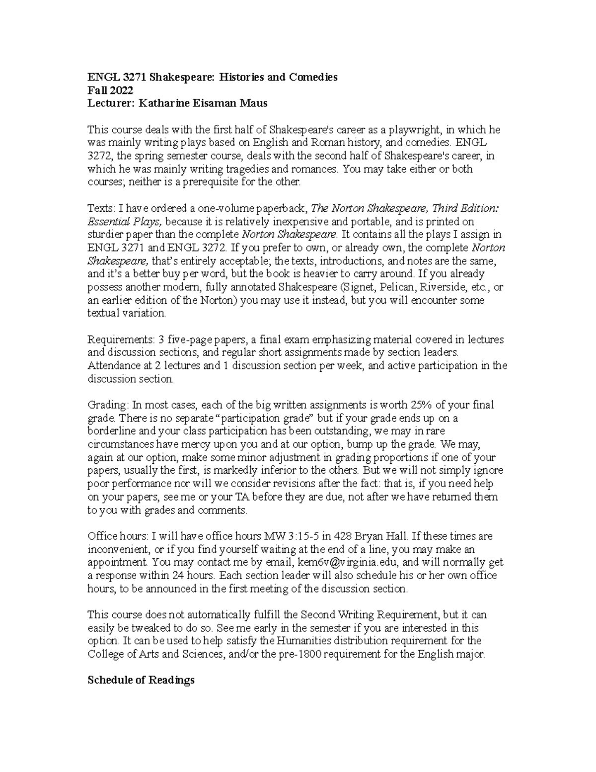 ENGL 3271+syllabus+2022 - ENGL 3271 Shakespeare: Histories and Comedies ...