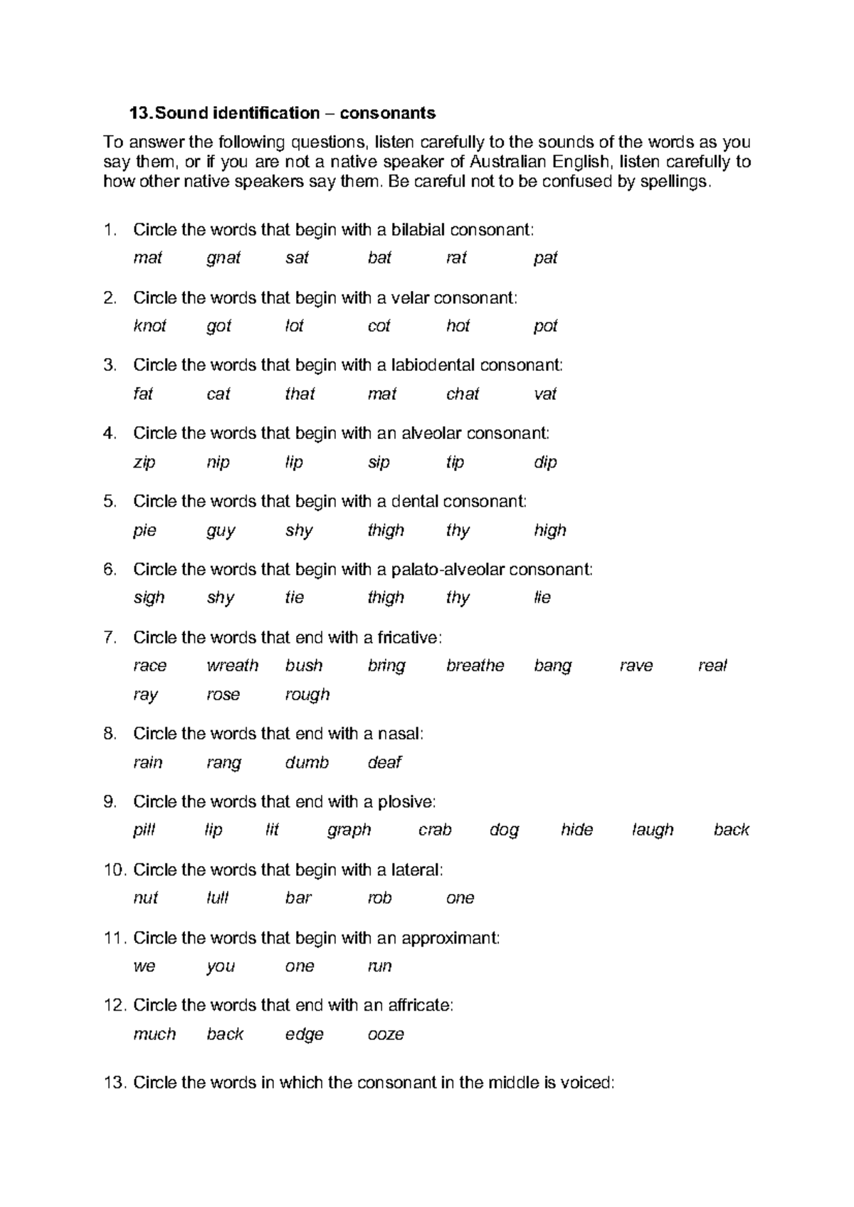 Consonant Sound Identification Exercise - Sound identification ...