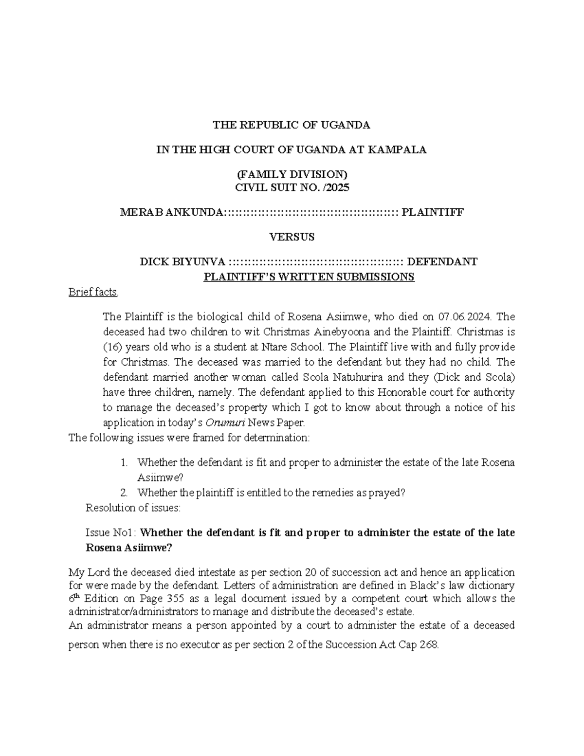 Civil Suit No. 50 of 2024: Plaintiff vs. Defendant - Estate ...