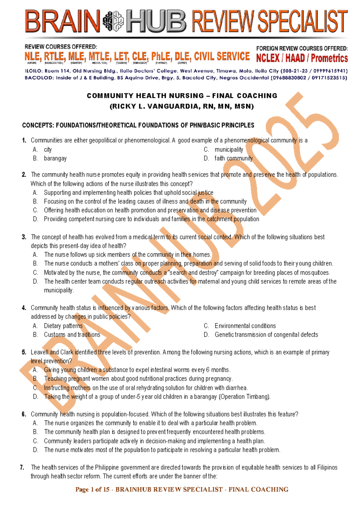 COMMUNITY HEALTH NURSING FINAL COACHING (RICKY L. VANGUARDIA, RN, MN ...