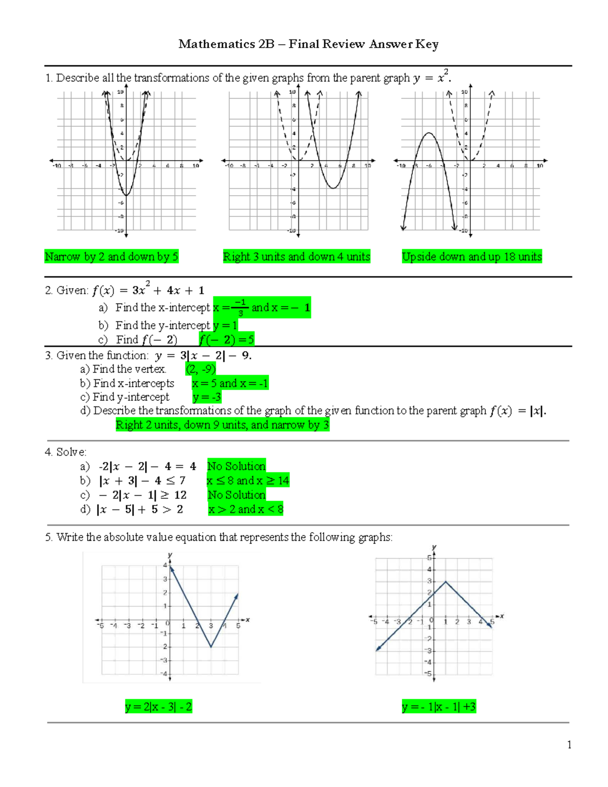 Mathematics 2B Final Exam Review Answer Key and Solutions - Studocu