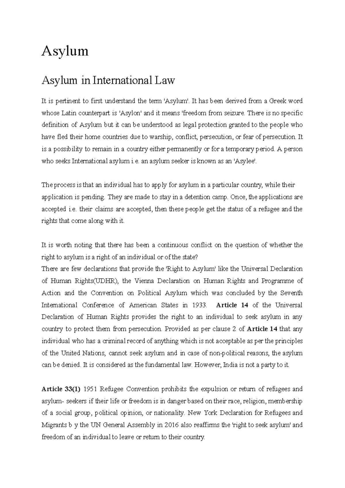 Asylum in International Law: Understanding Rights and Protections - Studocu