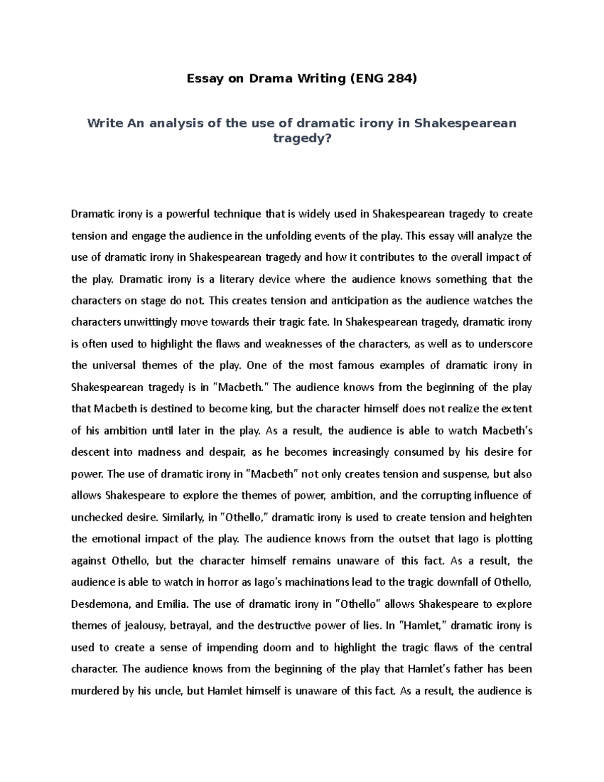 Analysis of dramatic irony in Shakespearean tragedy - Essay on Drama ...