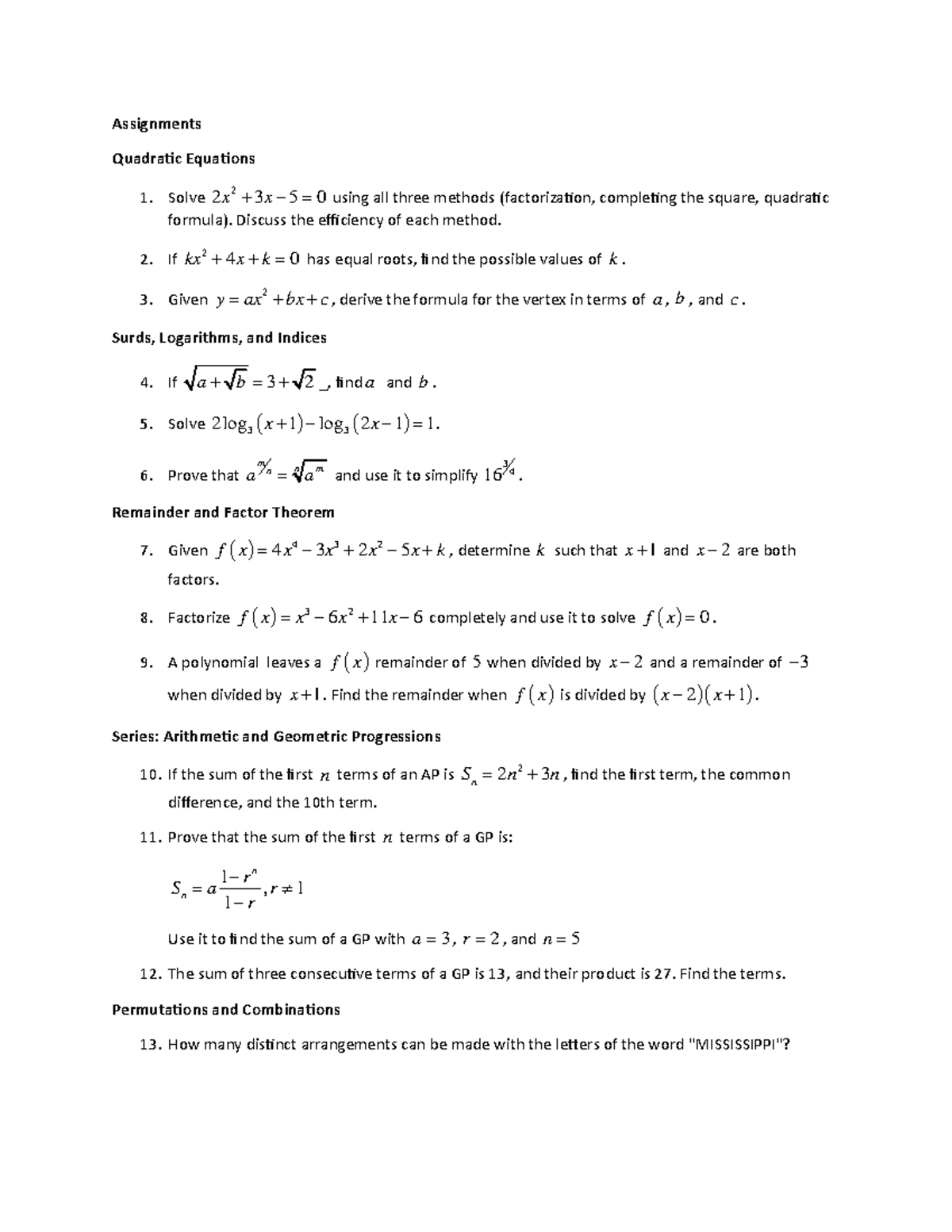 Mathematics 1 CAT Assignment: Quadratic Equations & More - Studocu