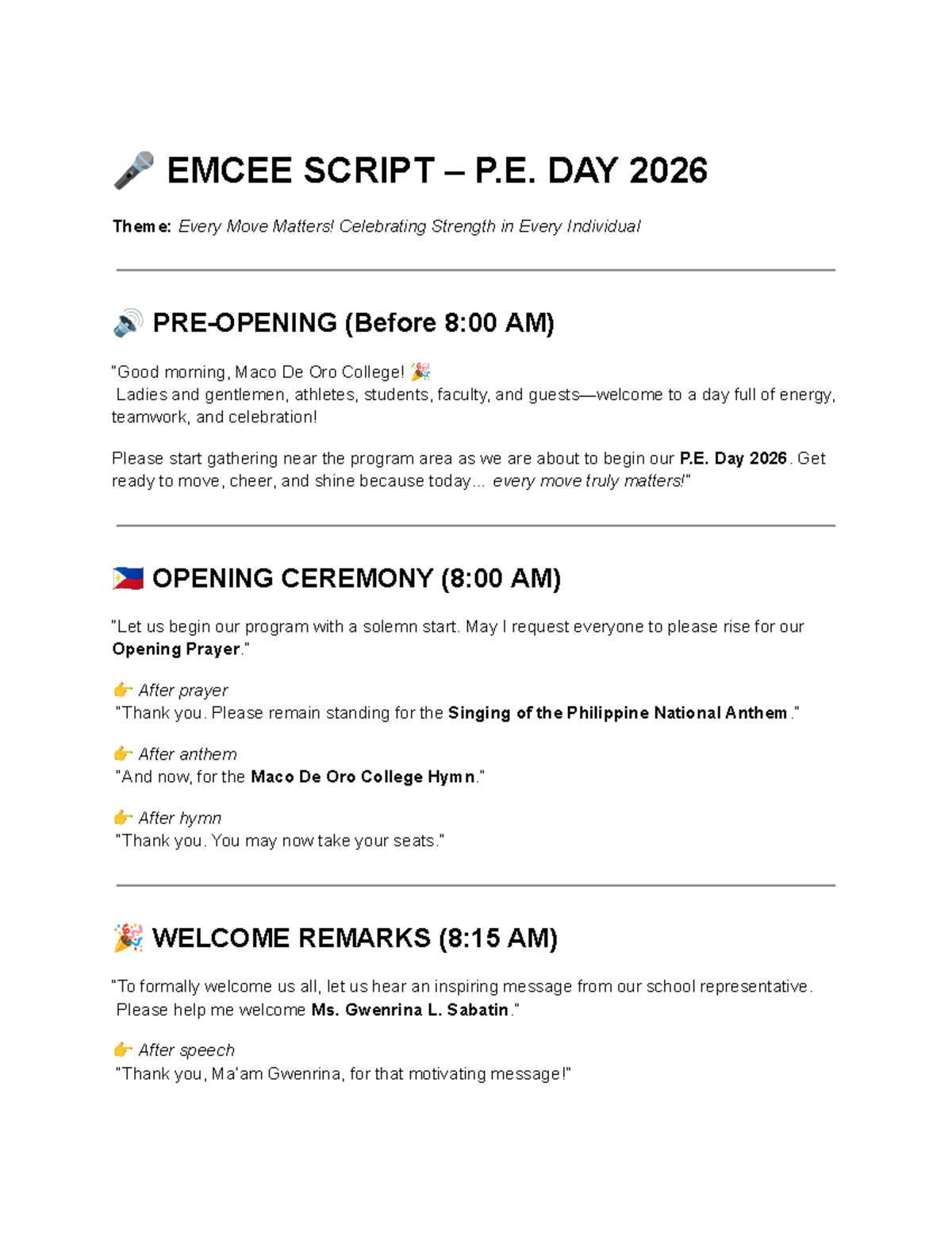 Emcee Script for P.E. Day 2026: Every Move Matters! - Studocu