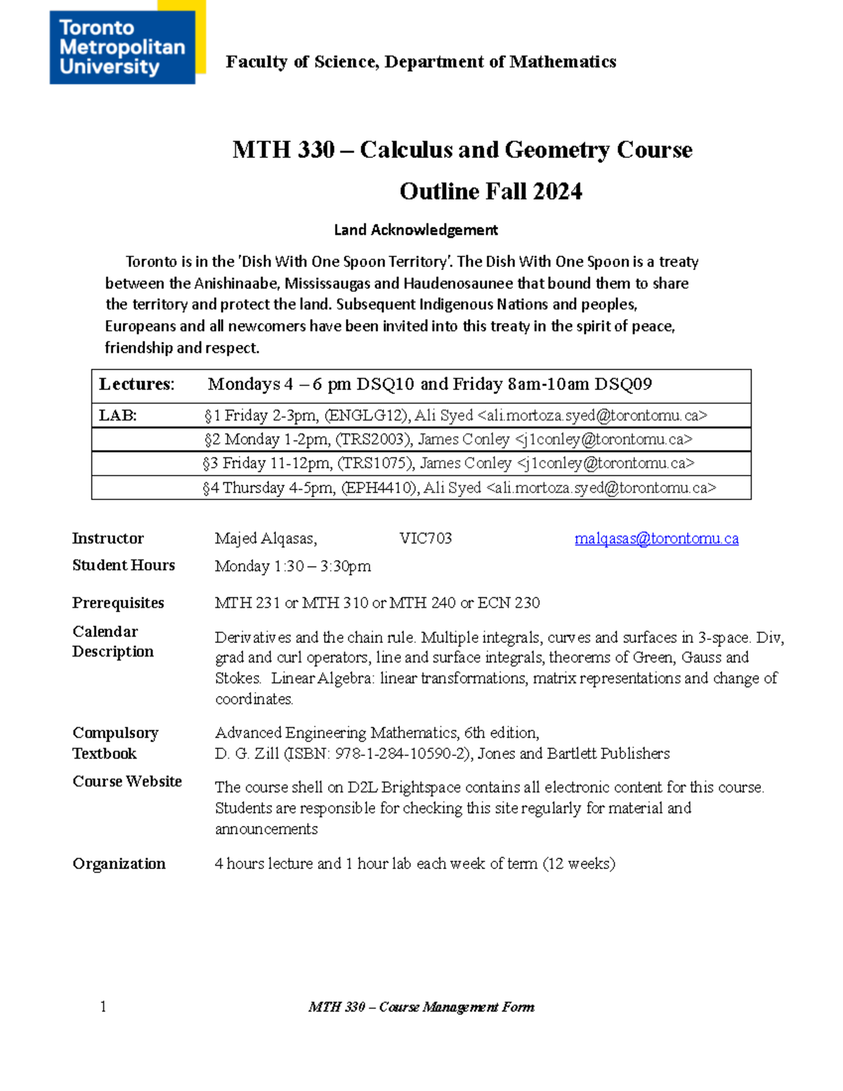 MTH330 Calculus & Geometry Course Outline Fall 2024 - Studocu