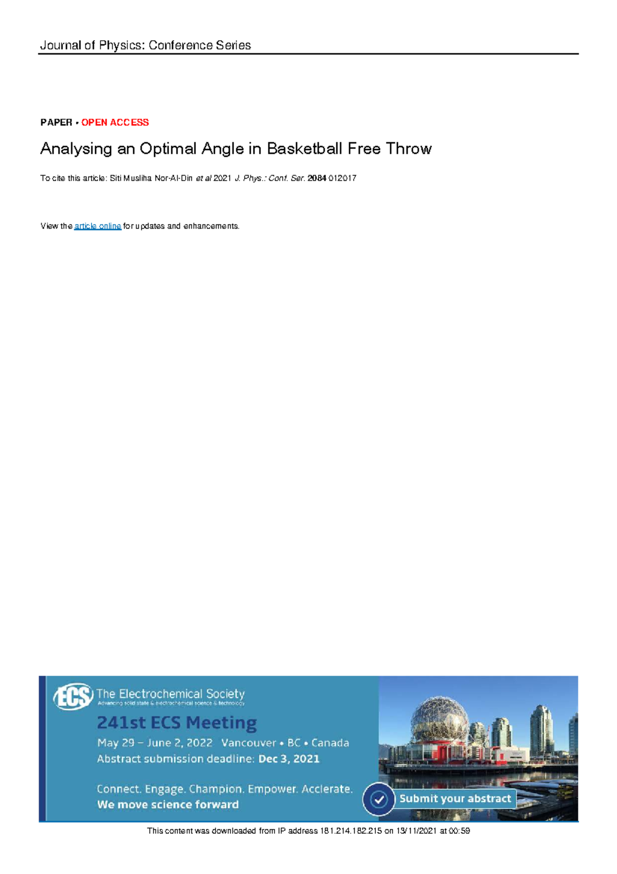 Optimal Angle Analysis for Basketball Free Throws: A Study (ICMSCT 2021 ...