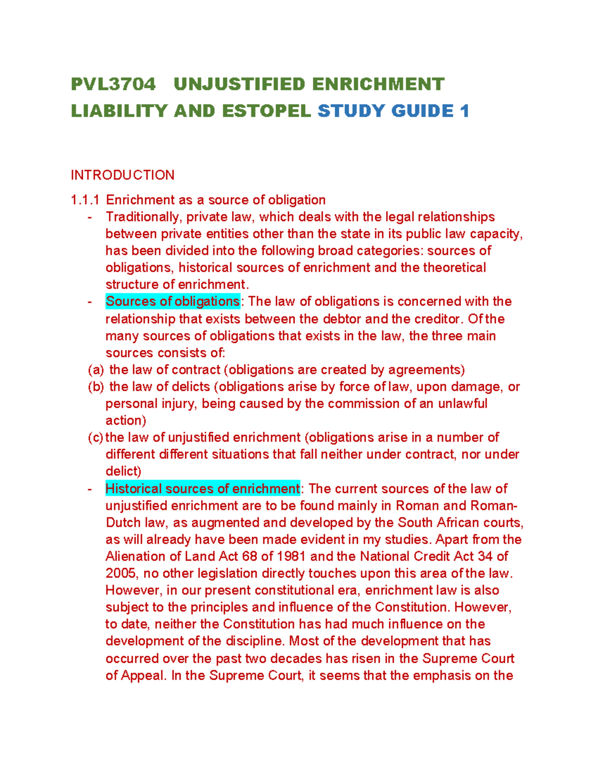 PVL3704 Study Guide 1: Unjustified Enrichment & Estoppel Overview - Studocu