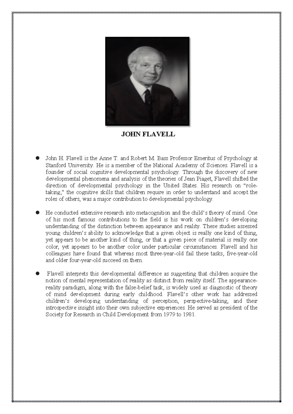 EDUC 5 Final Project Theorists - JOHN FLAVELL John H. Flavell is the ...