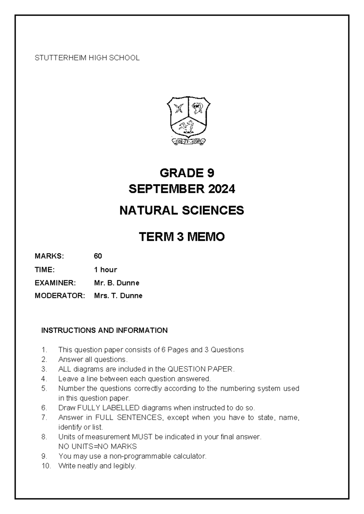 Grade 9 NS Term 3 Memo 2024 - Detailed Examination Guidelines - Studocu
