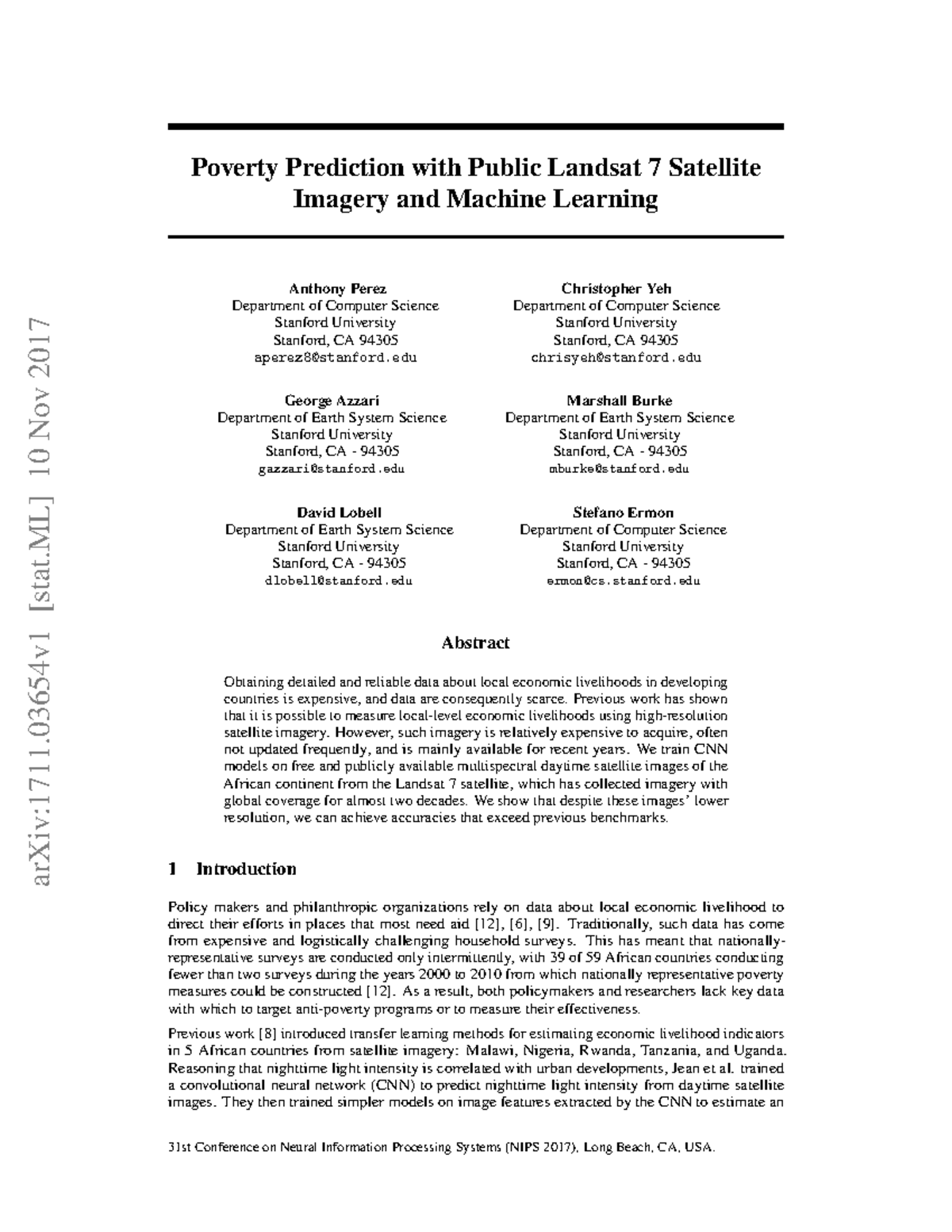 Poverty Prediction Using Landsat 7 Imagery and Machine Learning (CS ...