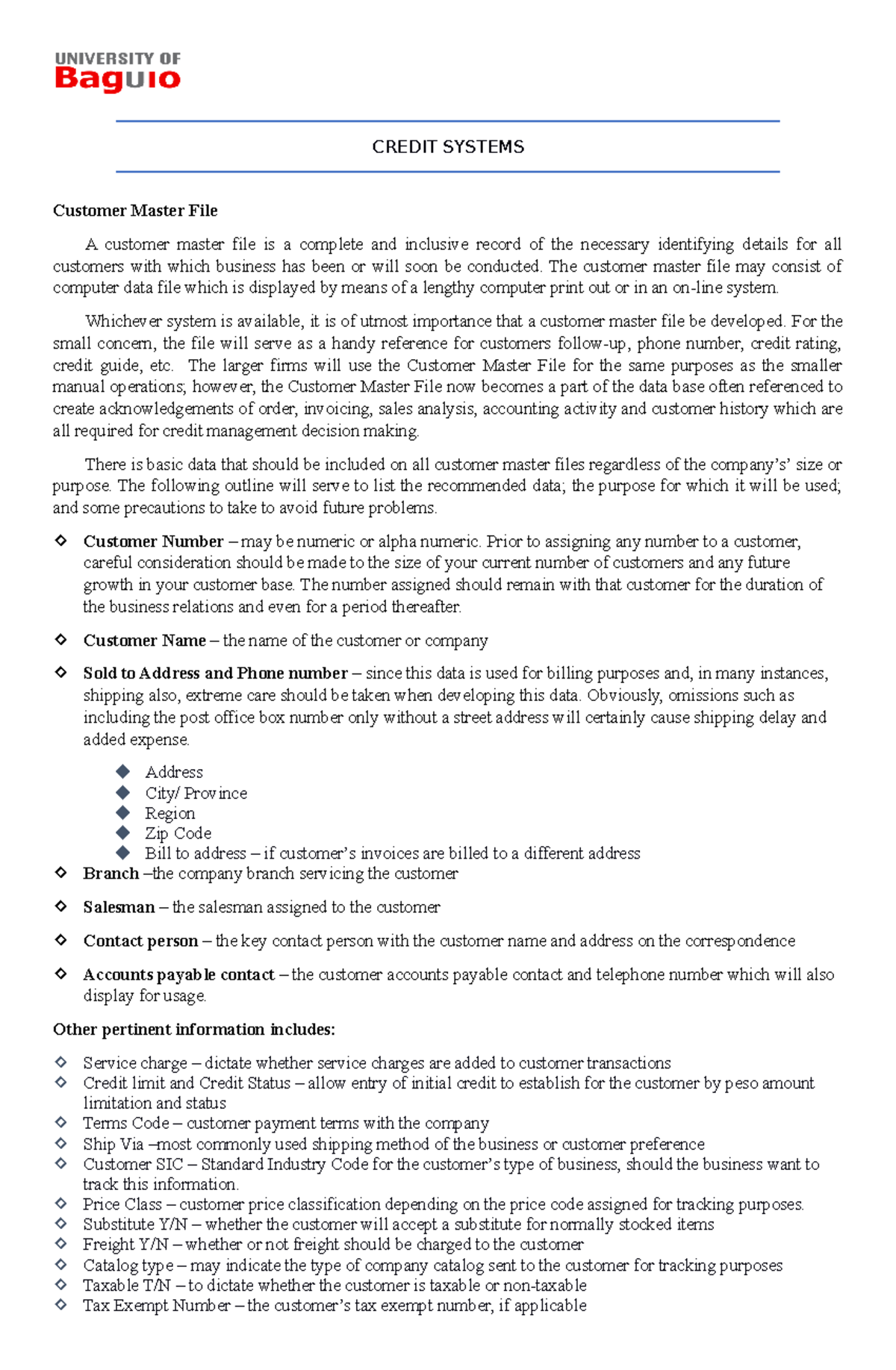 Credit Systems (lesson 8) - CREDIT SYSTEMS Customer Master File A ...