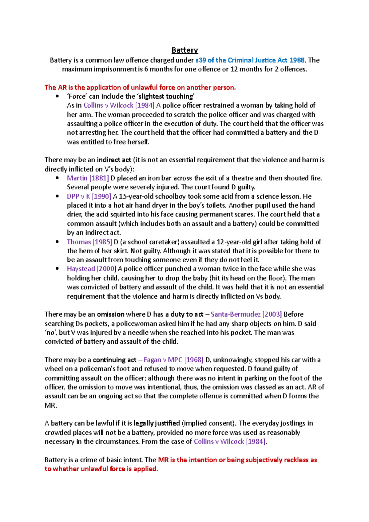Battery - lecture notes - Battery Battery is a common law offence ...