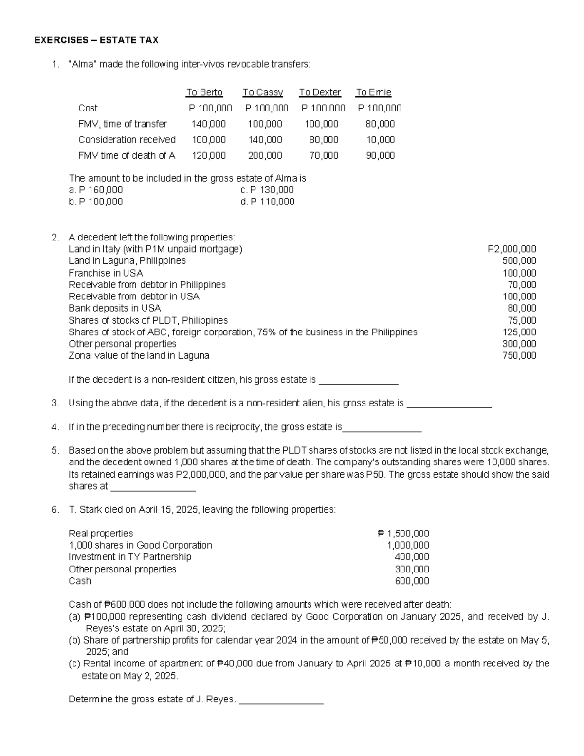Estate Tax Exercises: Comprehensive Review and Analysis - Studocu