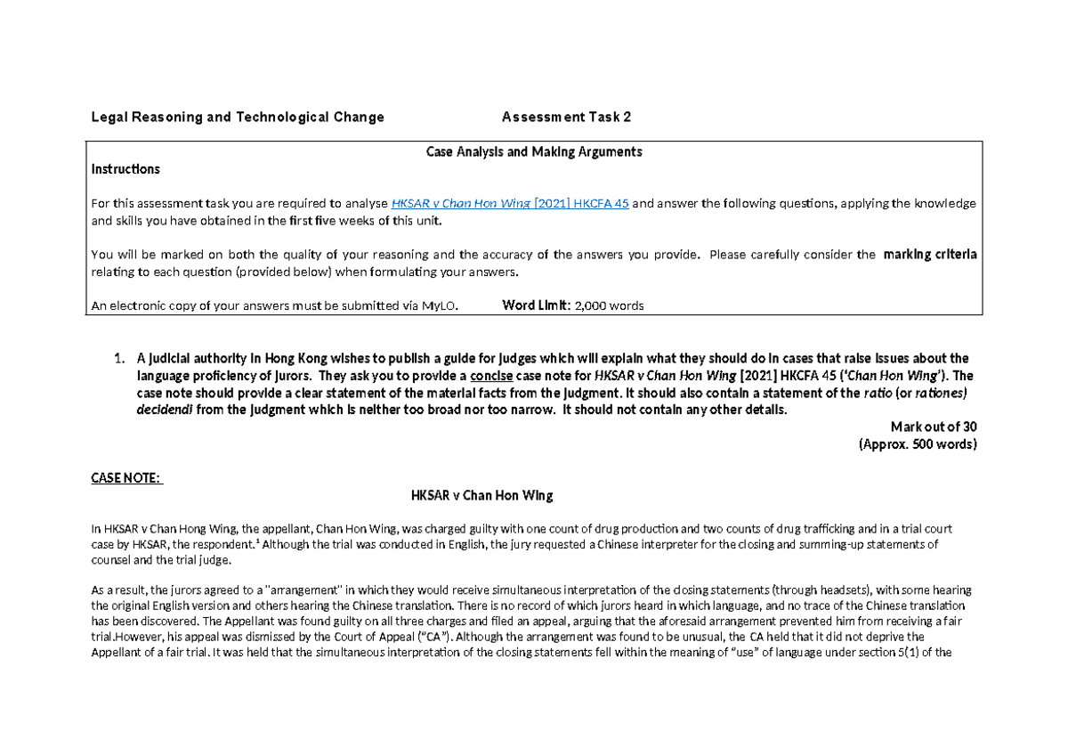 LAW108 Assignment 2 - Comprehensive Case Analysis on HKSAR v Chan Hon ...