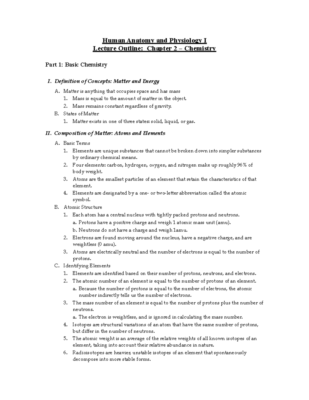 Human Anatomy and Physiology I: Chapter 2 Chemistry Lecture Notes - Studocu