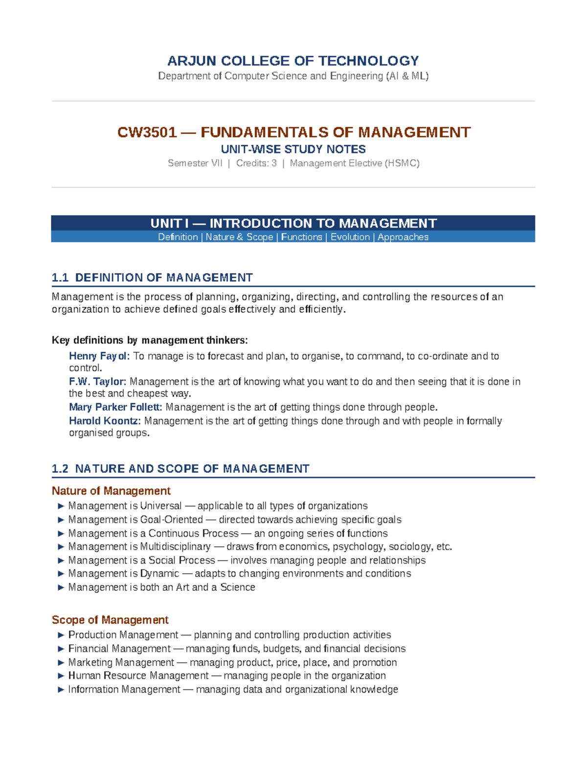 CW3501 Study Notes: Fundamentals of Management Overview - Studocu