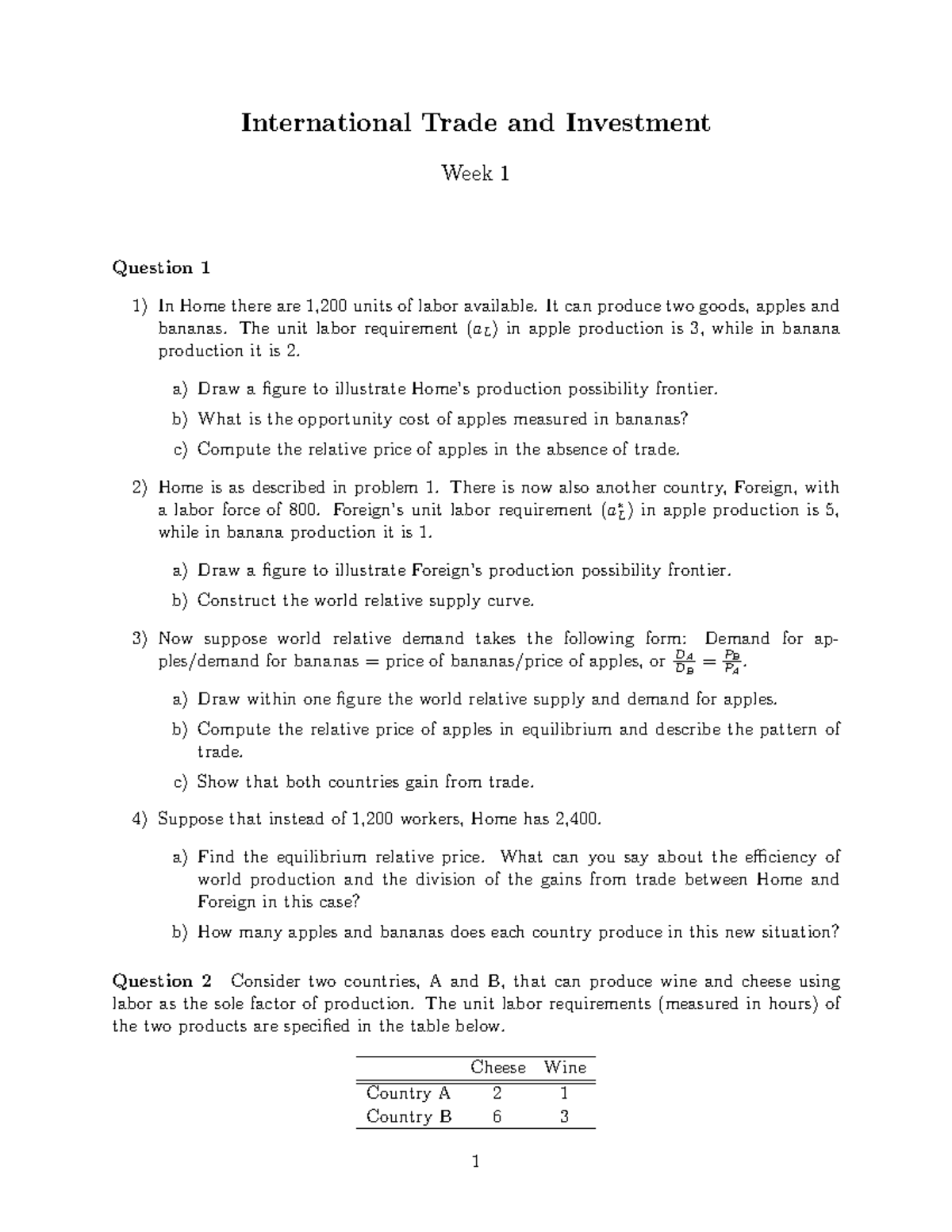 International Trade Exercises: Week 1 Overview and Problems - Studeersnel