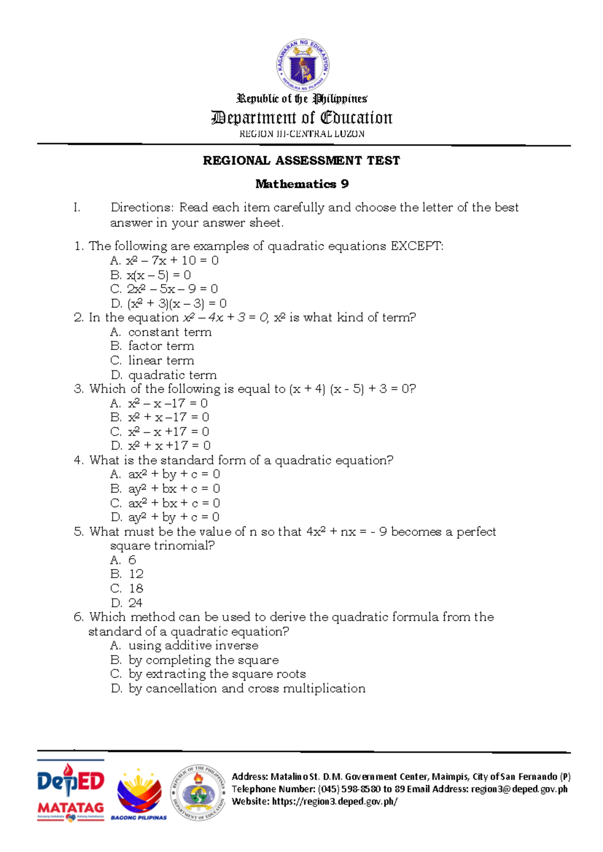 RAT Mathematics Grade-9-edited - Republic of the Philippines Department ...