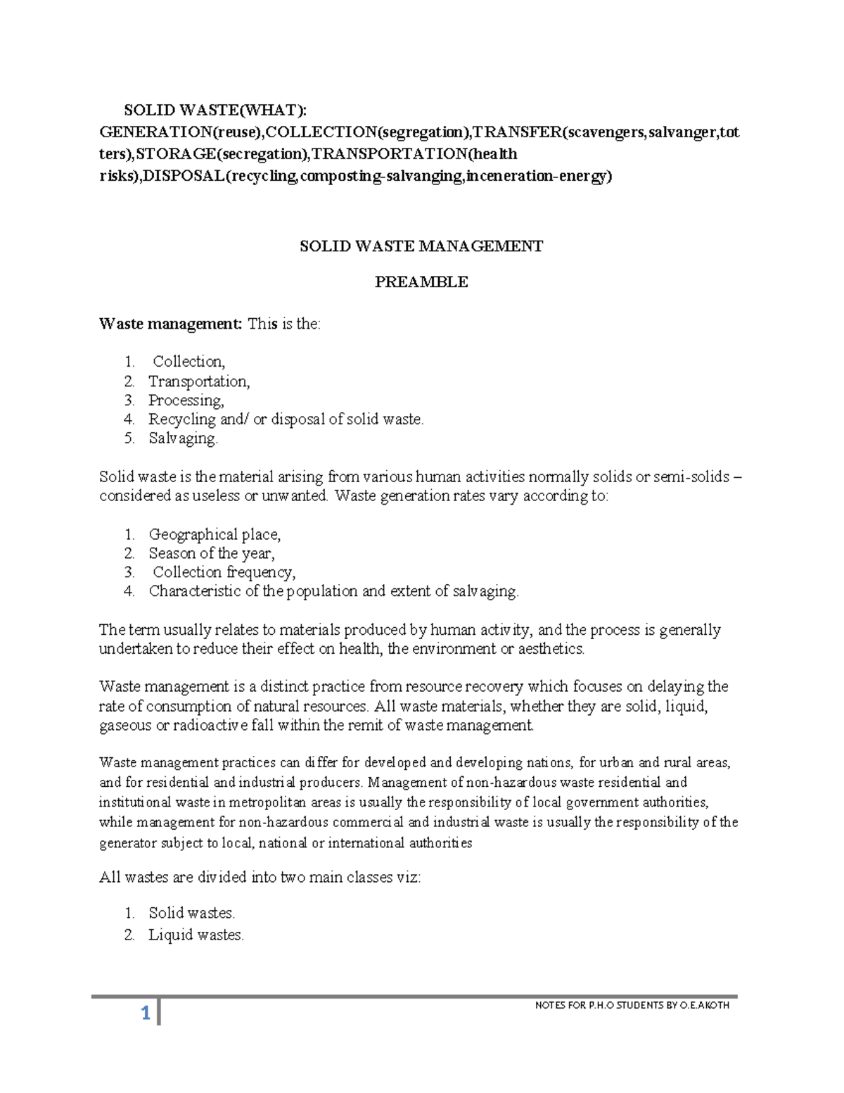 Solid Waste Management Notes for P.H.O Students (O.E. Akoth) - Studocu