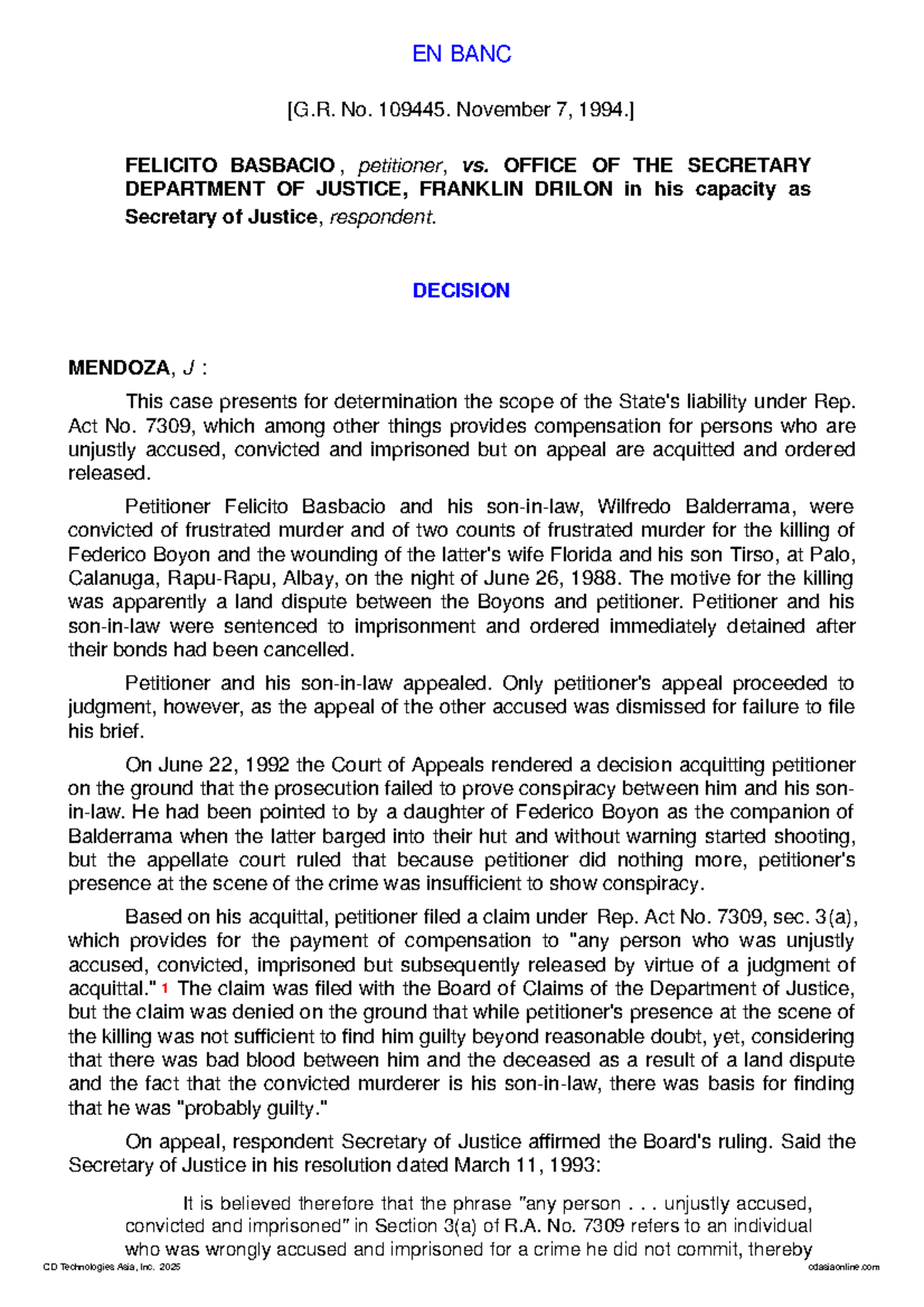 Basbacio v. Drilon: Decision on Compensation Under Rep. Act No. 7309 ...