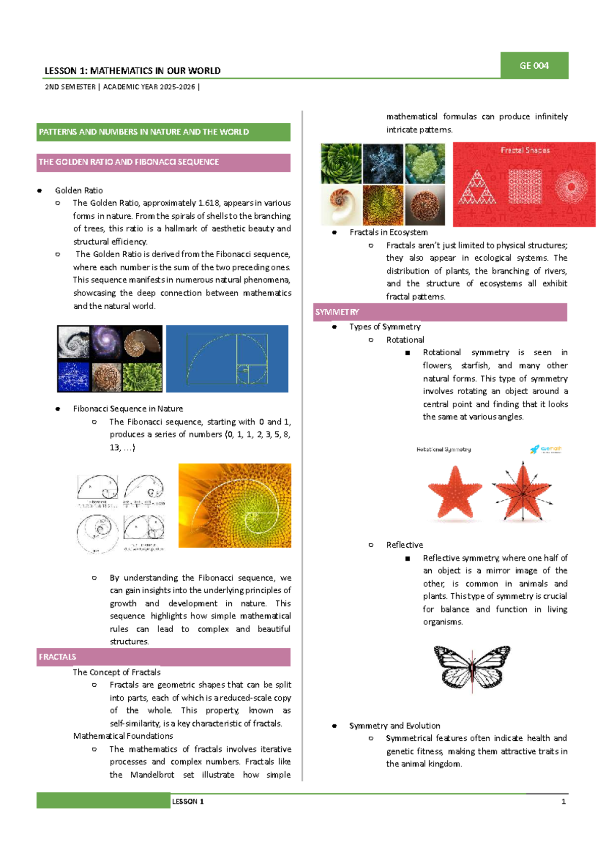 GE 004 LESSON 1: MATHEMATICS IN NATURE AND ITS PATTERNS - Studocu