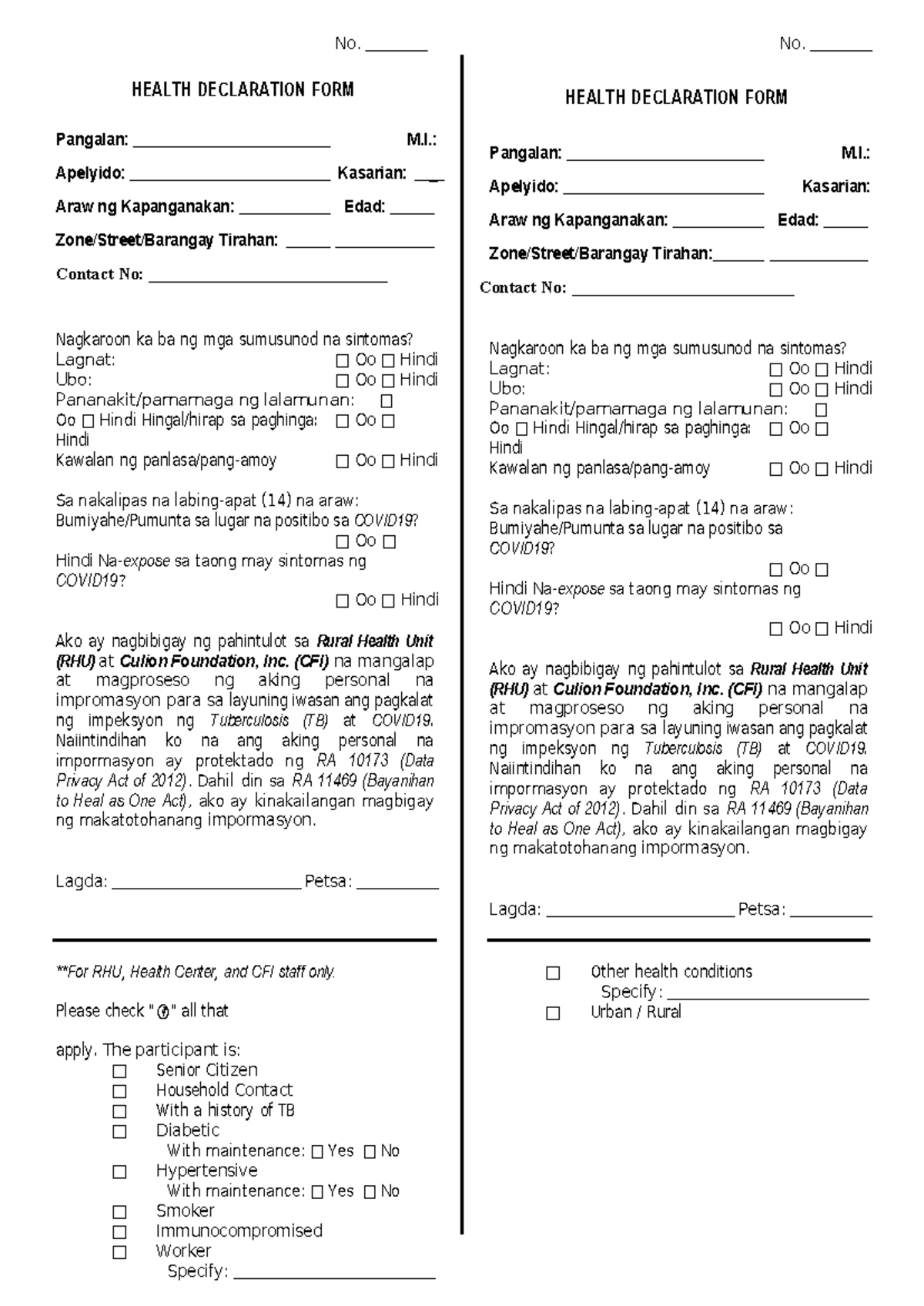 ACF-Health-Declaration-Form: Health Screening for TB & COVID-19 - Studocu