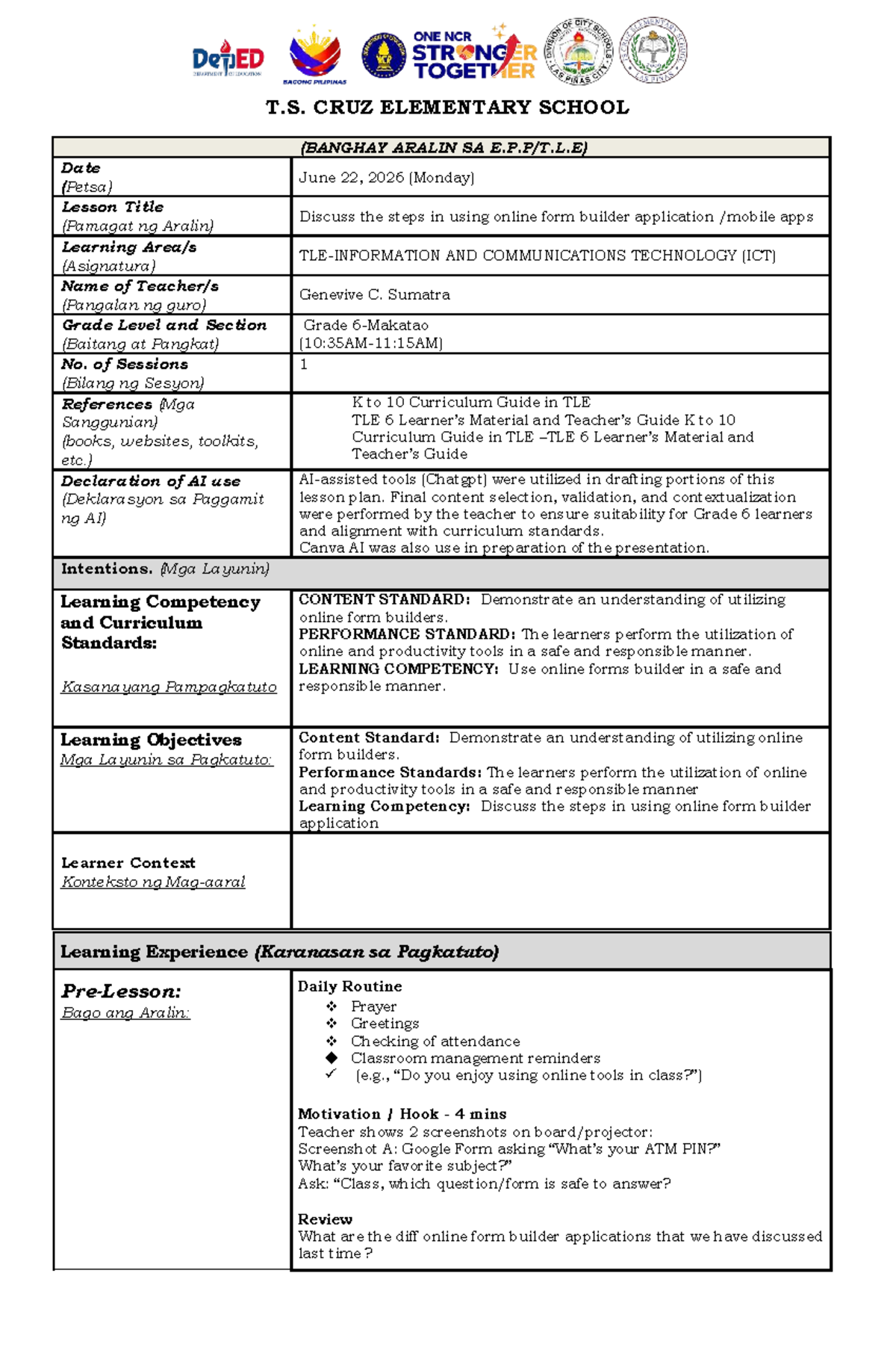 DLL TLE 6 Week 2 Day 1: Using Online Form Builders in Class - Studocu