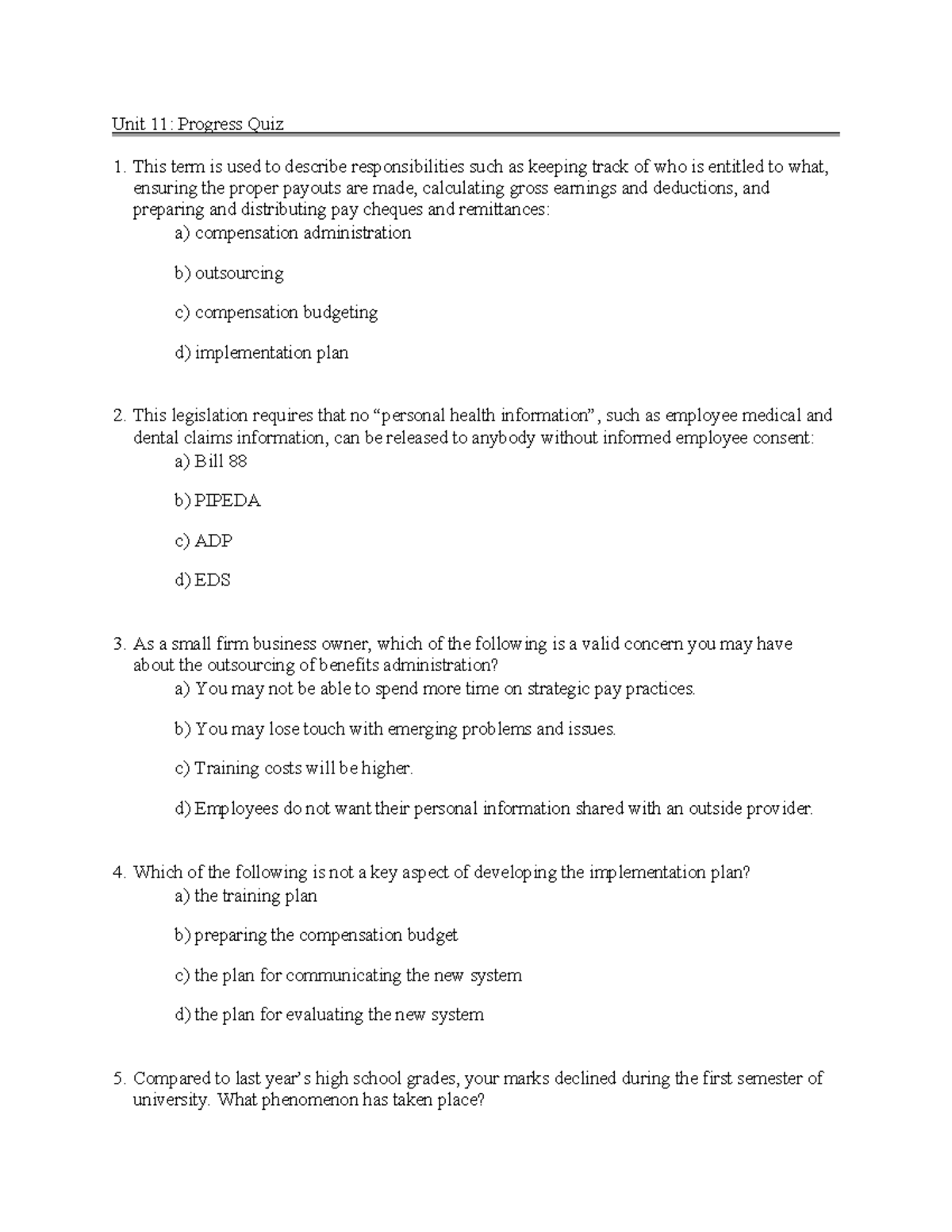 Unit 11: Progress Quiz - Key Concepts and Questions - Studocu