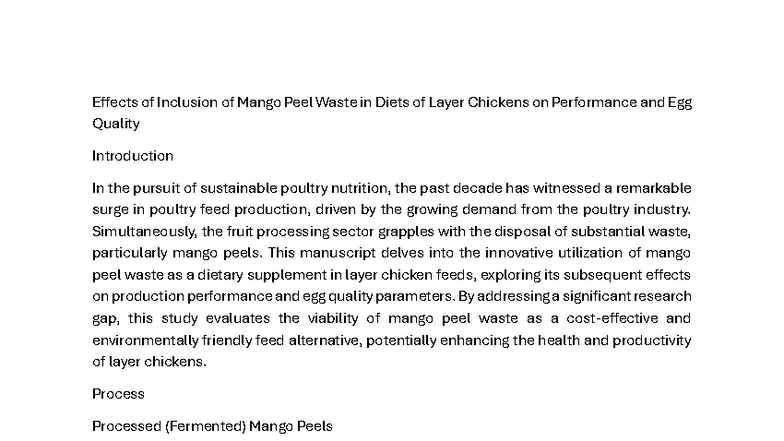 Effects of Inclusion of Mango Peel Waste in Diets of Layer Chickens on ...