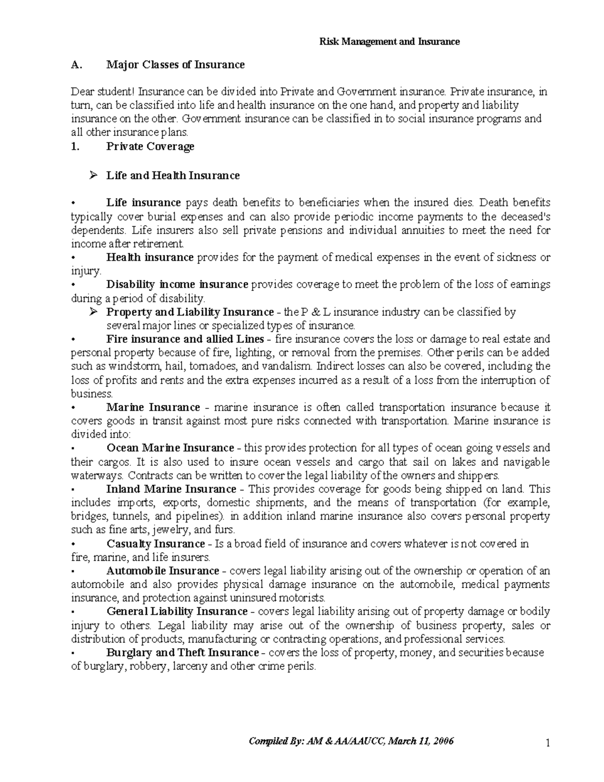 Risk Management and Insurance: Major Classes of Insurance Overview ...