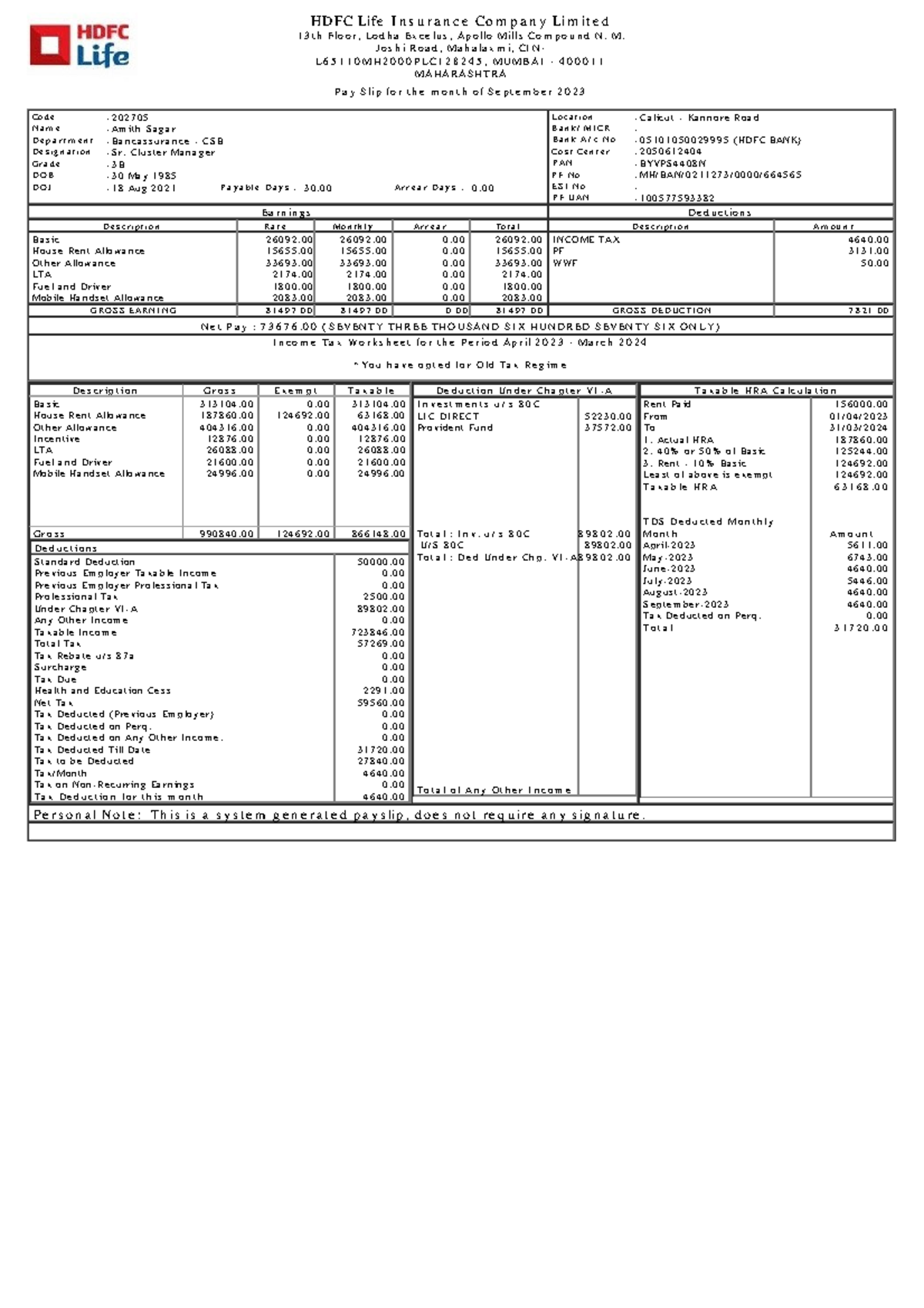 HDFC Life Insurance Payslip - September 2023 (Employee Code: 202705 ...