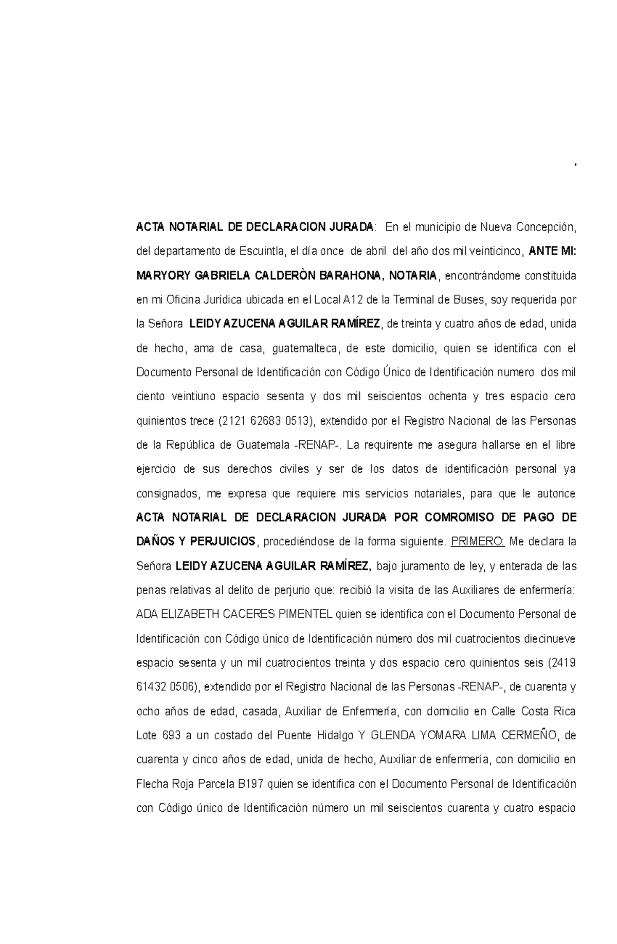 ACTA NOTARIAL DE DECLARACIÓN JURADA: Caso Leidy Aguilar 2025 - Studocu