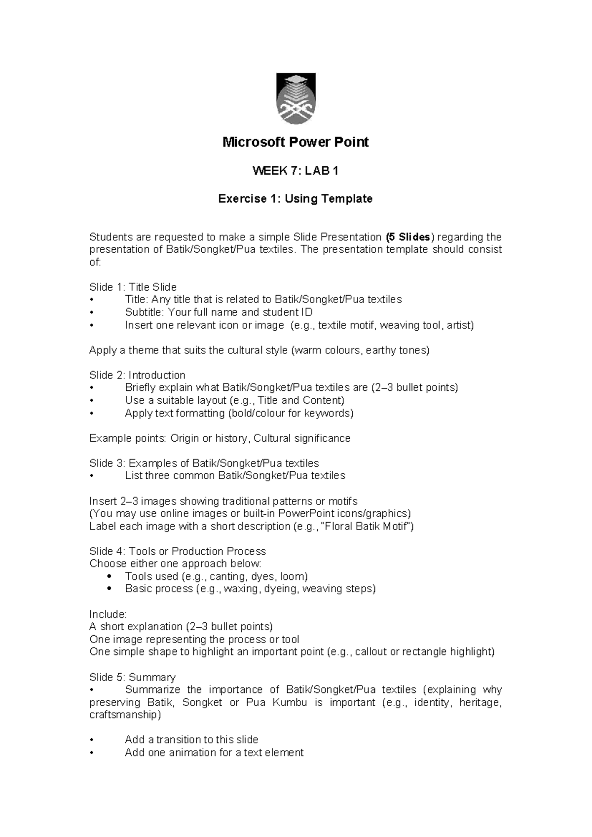 Lab Exercise: Microsoft PowerPoint (WEEK 7) - Textiles Presentation ...