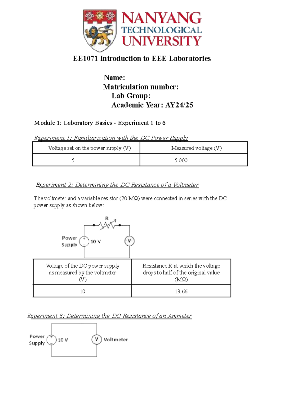 EE1071 Lab Report: Introduction to Laboratory Experiments - Studocu