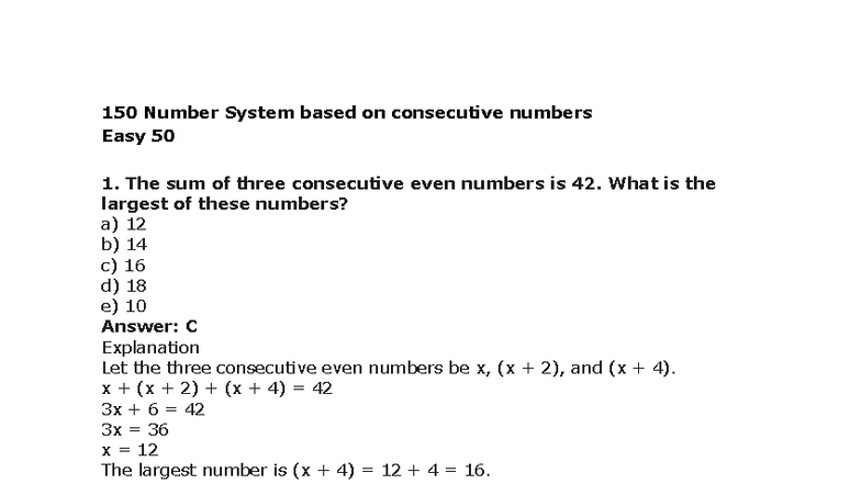 150 Number System: Consecutive Numbers Practice Problems - Studocu
