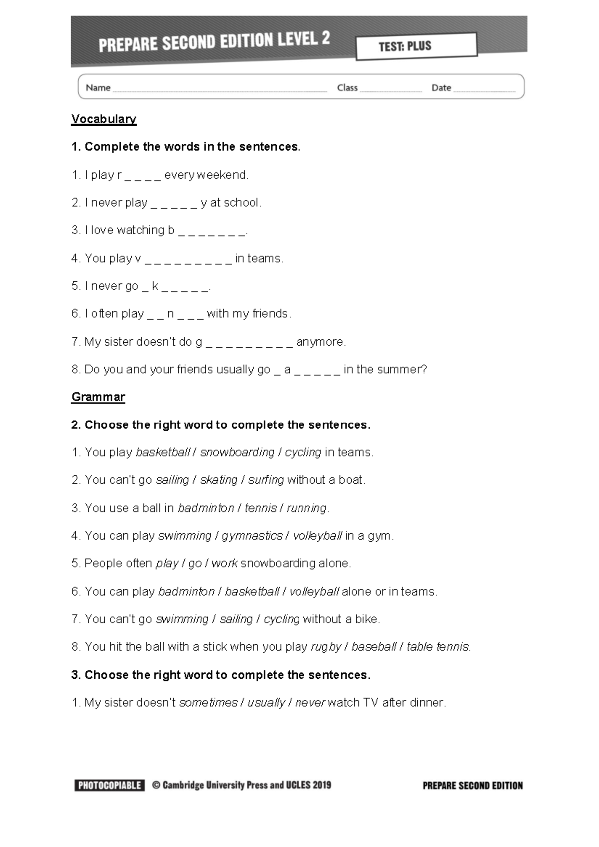 PRE-UT-U1P Vocabulary & Grammar Exercises for Upbook - Studocu