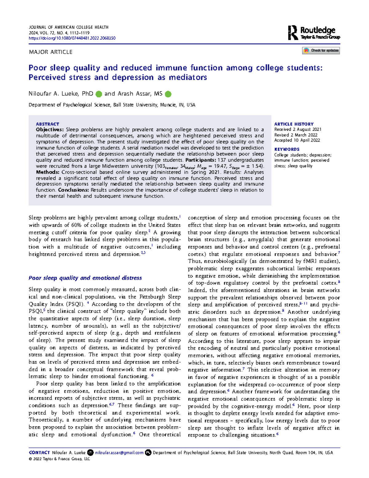 Poor Sleep Quality and Immune Function: Stress & Depression Mediators ...