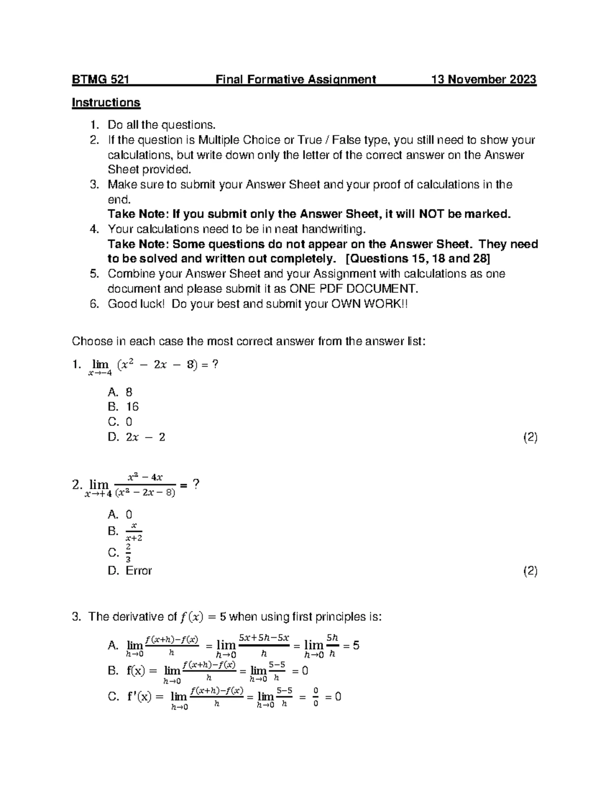 CT2 MTHS121 2025 Final Exam Memo Practice Materials - Studocu