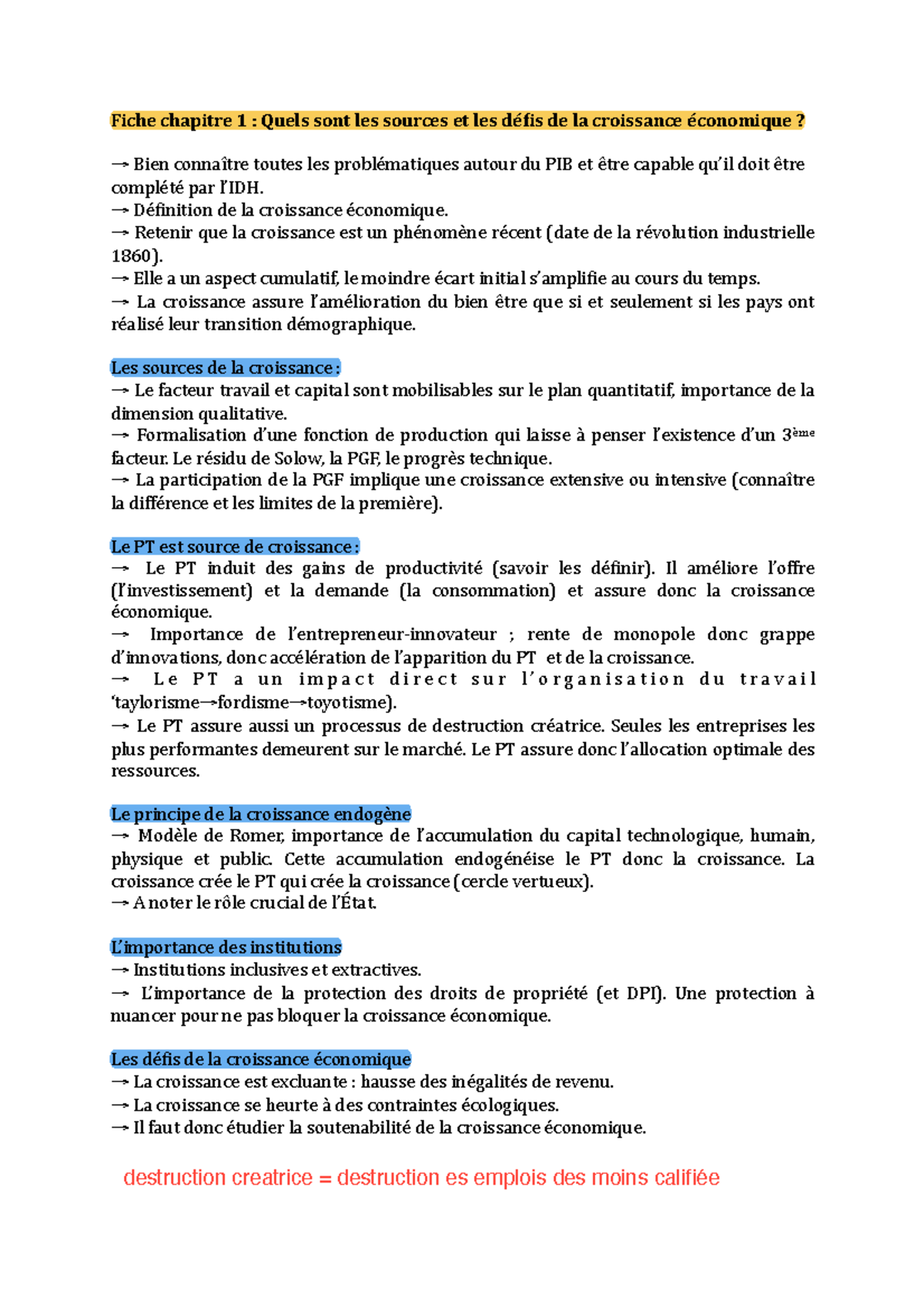 Fiche Chapitre 1 : Sources et Défis de la Croissance Économique - Studocu