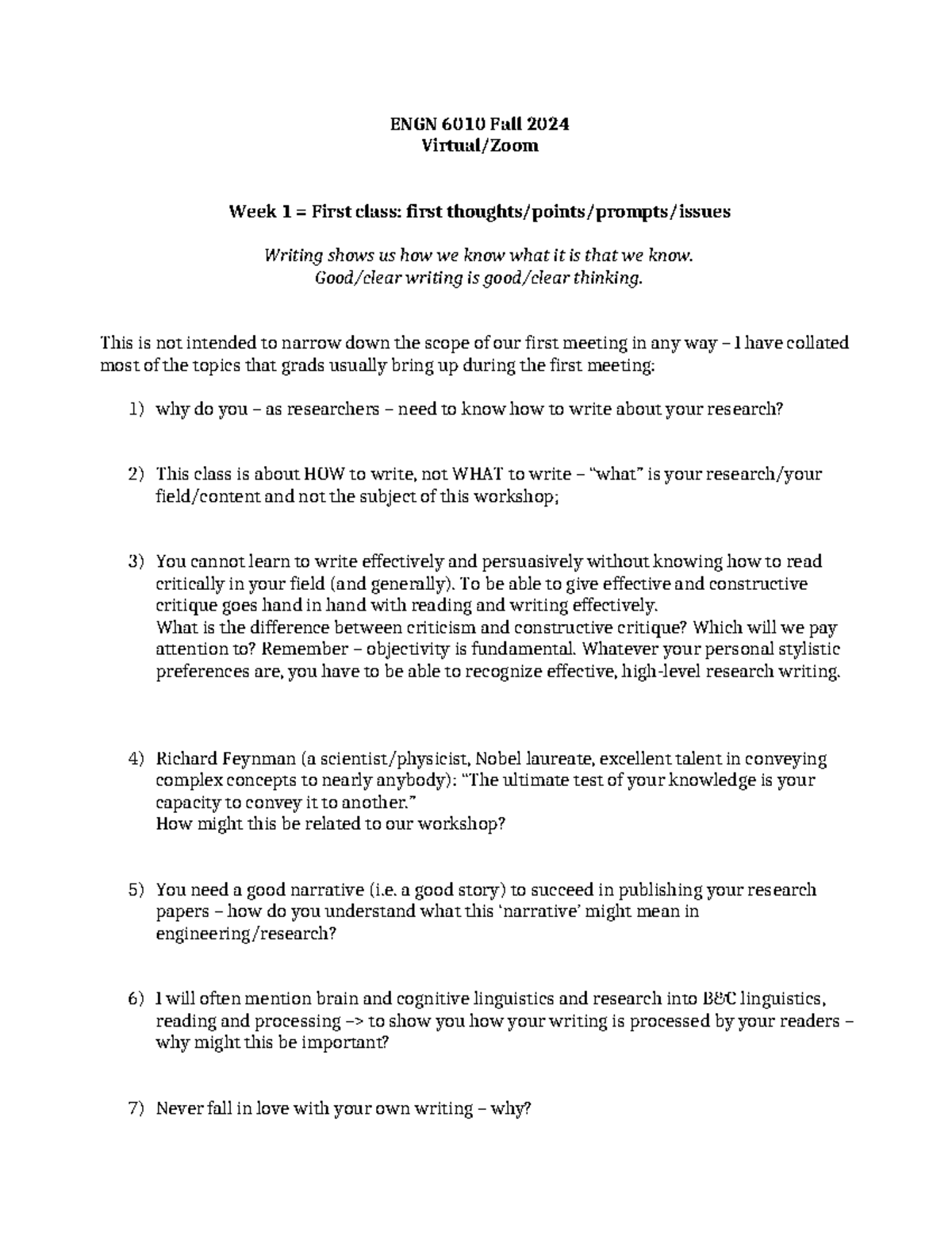 ENGN 6010 Fall 2024 Week 1: Writing as Thinking in Research - Studocu
