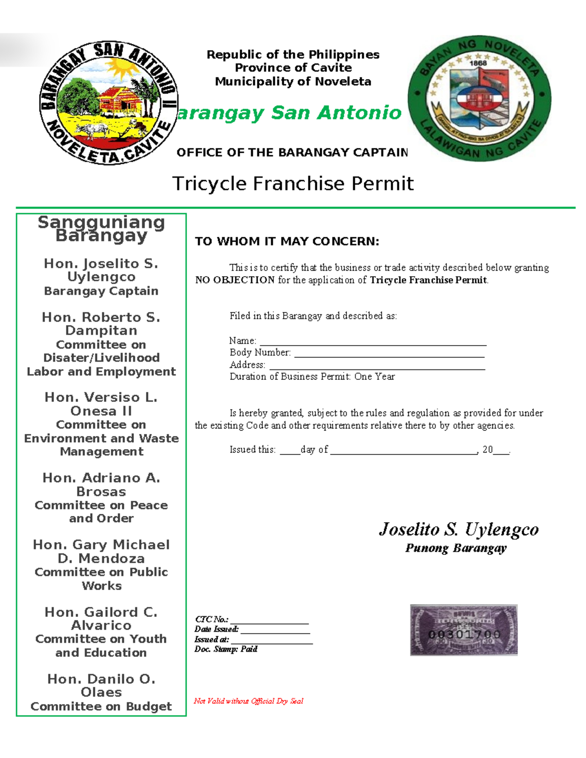 Tricycle Franchise Permit - Barangay San Antonio II, Noveleta, Cavite ...