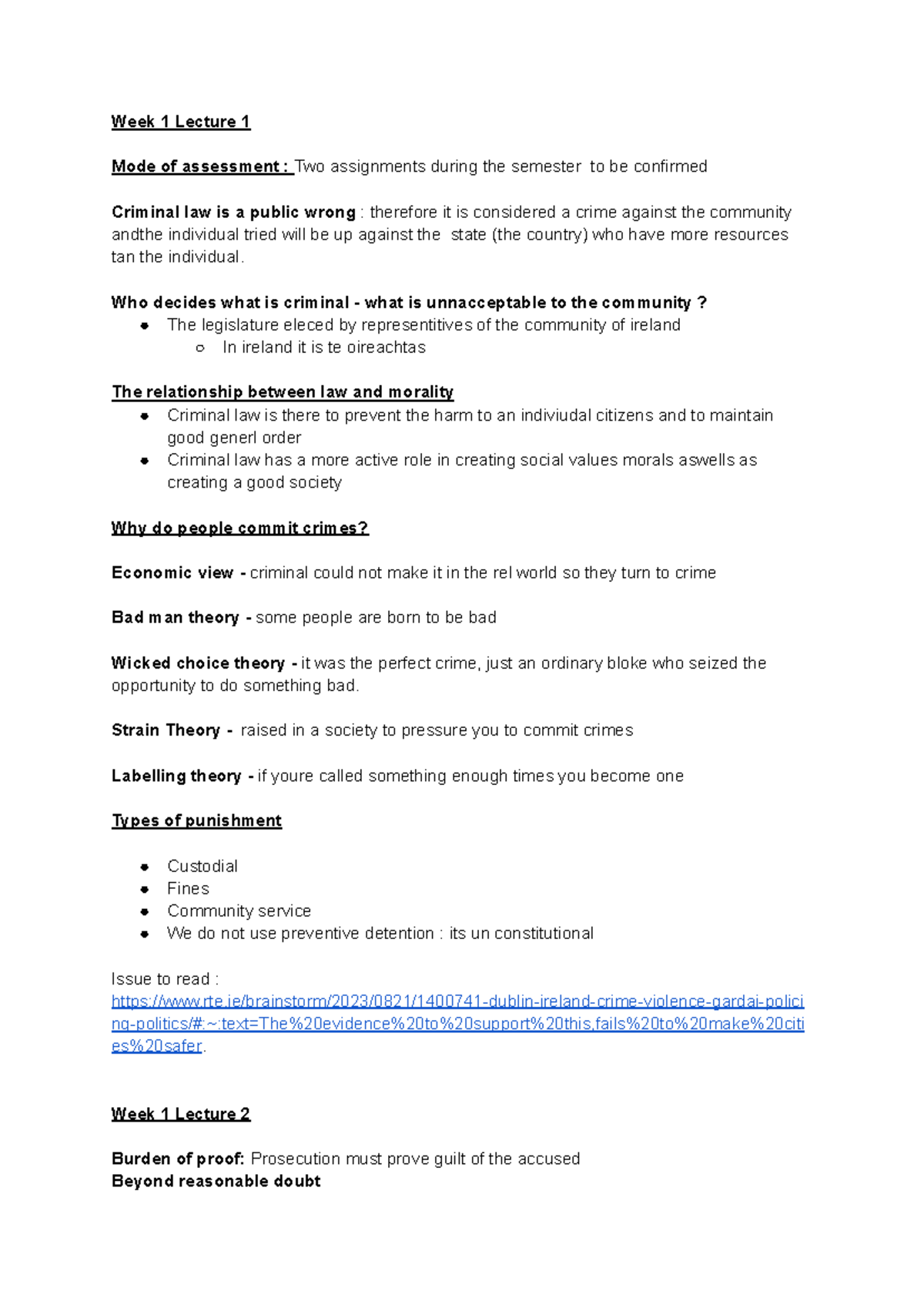 Criminal Law - Week 1 & 2 Lecture Notes and Key Topics Overview - Studocu