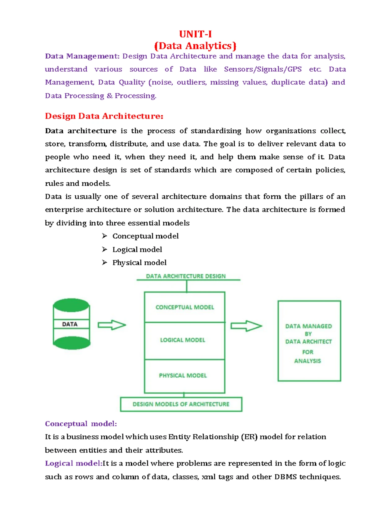 DA Unit II - Introduction to Data Analytics and Its Applications - Studocu