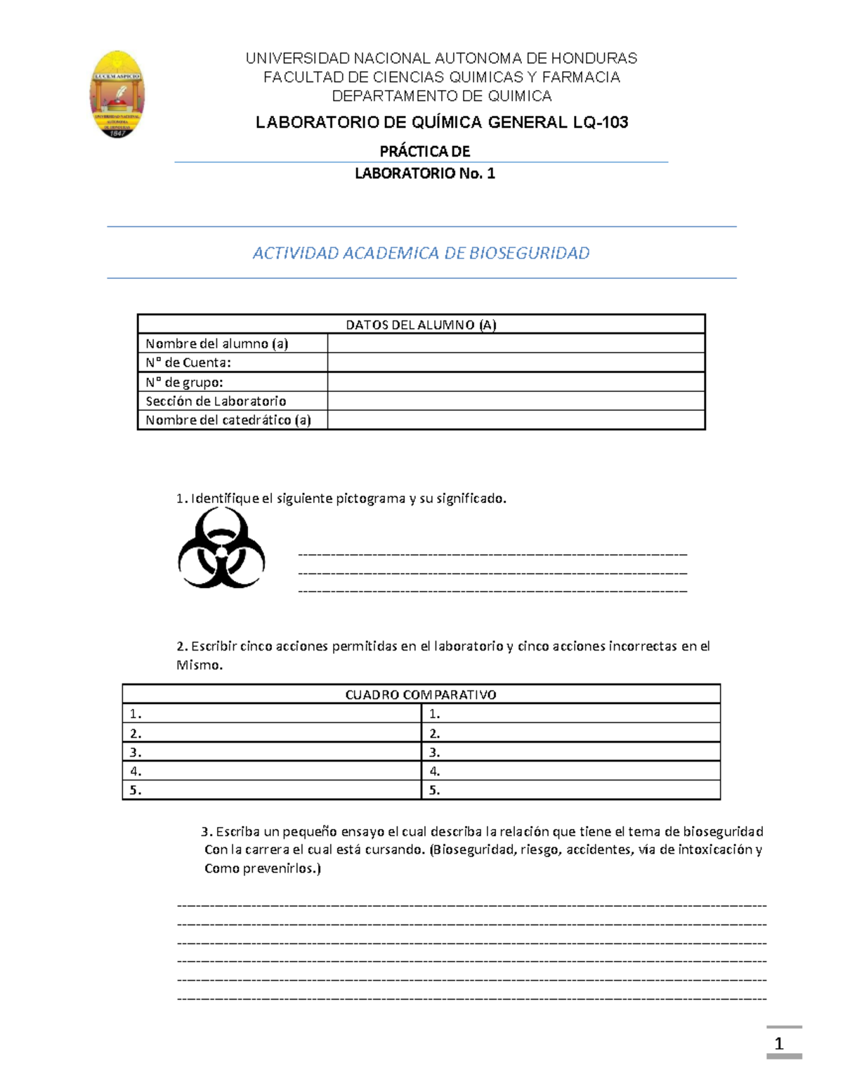 Práctica 1: Bioseguridad en el Laboratorio de Química General - Studocu